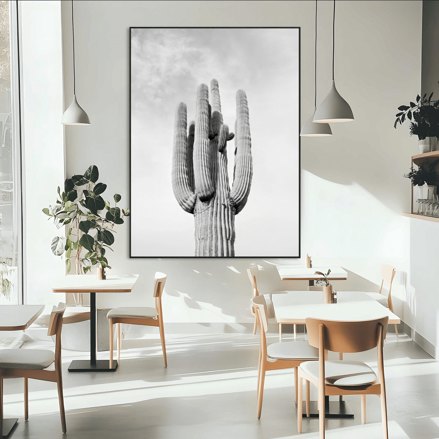SEG-FC-51X34_Oversize - Saguaro Cactus Wall Art – Black and White Desert Landscape Canvas Print, Modern Minimalist Nature Decor for Home, Office, Living Room