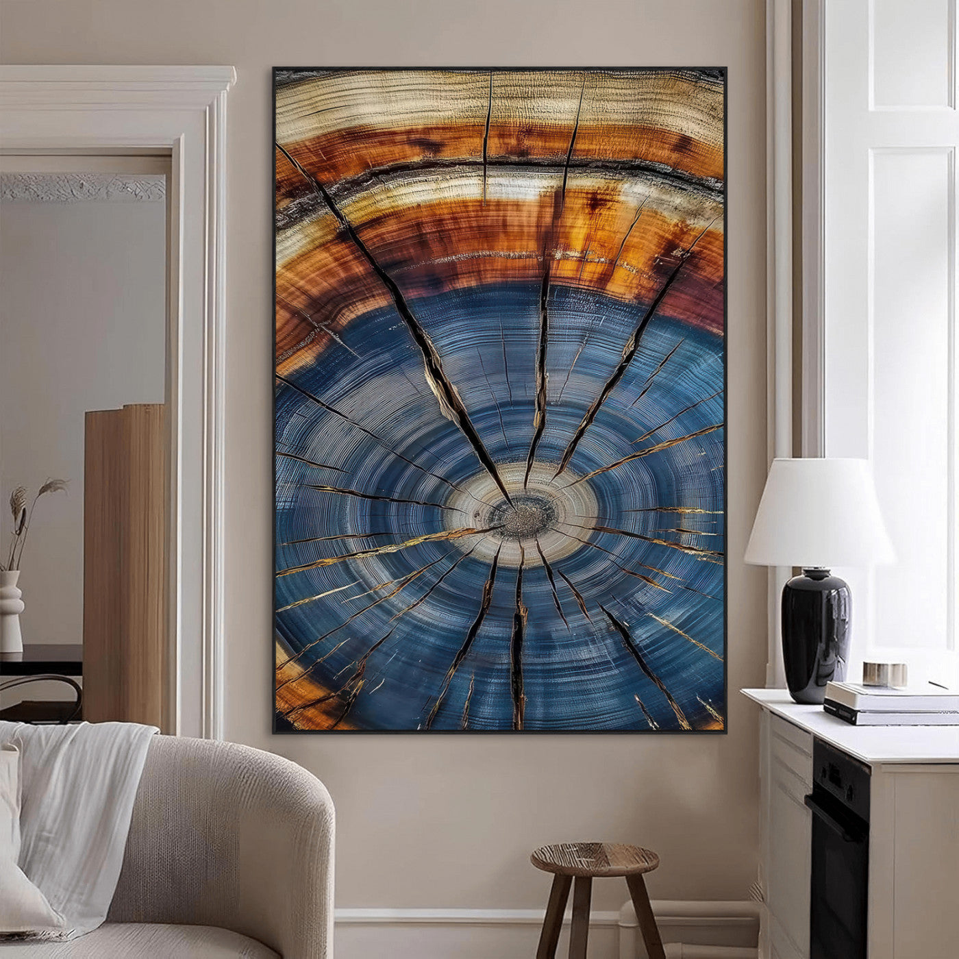 SEG-FC-51X34_Oversize - Tree Rings Wall Art Canvas Print, Framed Wood Texture Art Picture Print, Blue Grain Perfect Rustic Modern Decor Artwork