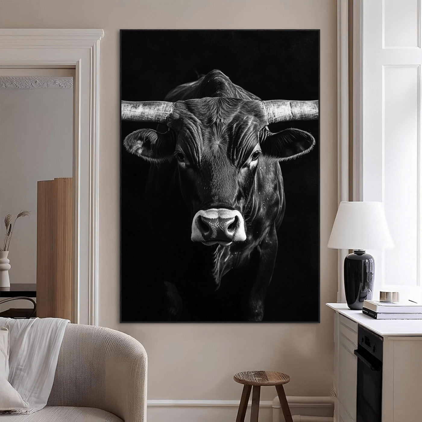 SEG-FC-51X34_Oversize - Texas Longhorn Wall Art Canvas Print, Framed Monochrome Bull Art Picture Print, Horned Bull Perfect Minimalist Western Decor Artwork