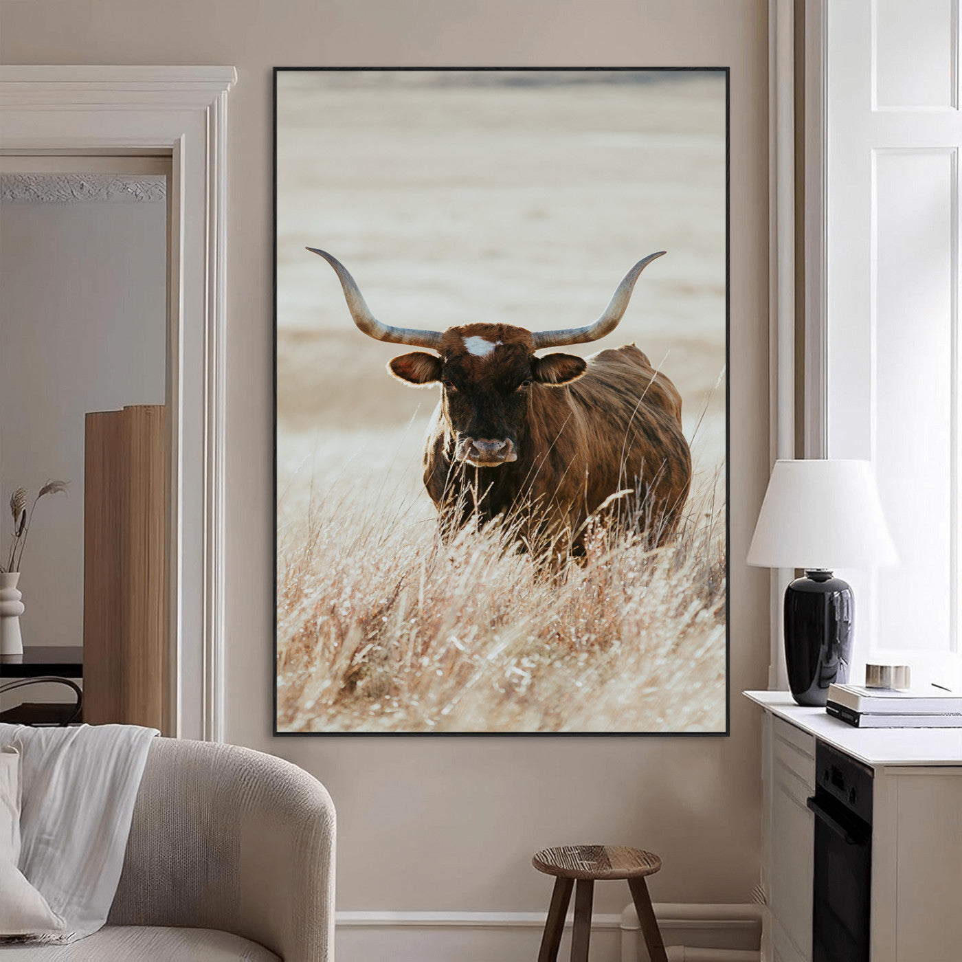 SEG-FC-51X34_Oversize - Texas Longhorn Wall Art Canvas Print, Framed Brown Cattle Art Picture Print, Horned Bull Perfect Rustic Western Decor Artwork