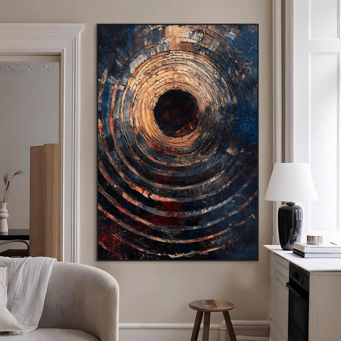 SEG-FC-51X34_Oversize - Textured Spiral Wall Art Canvas Print, Framed Abstract Void Art Picture Print, Wooden Vortex Perfect Modern Industrial Decor Artwork