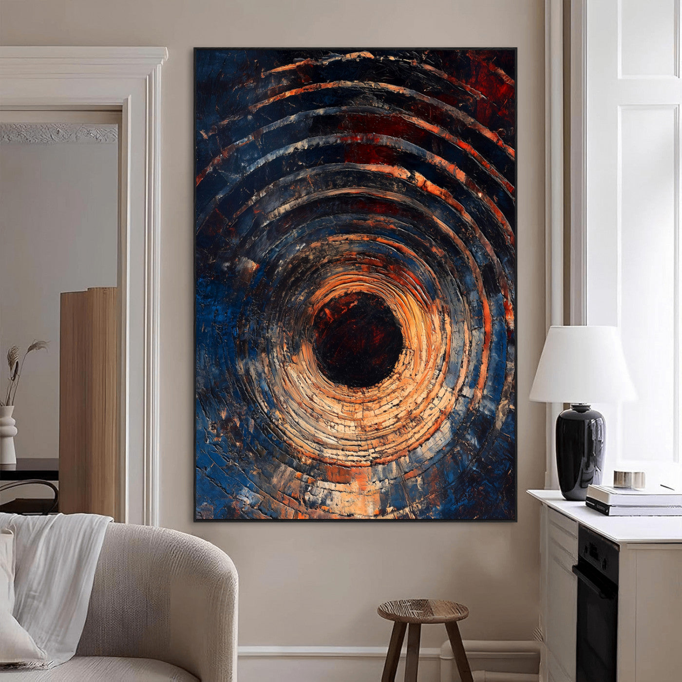 SEG-FC-51X34_Oversize - Textured Spiral Wall Art Canvas Print, Framed Abstract Void Art Picture Print, Wooden Vortex Perfect Modern Industrial Decor Artwork