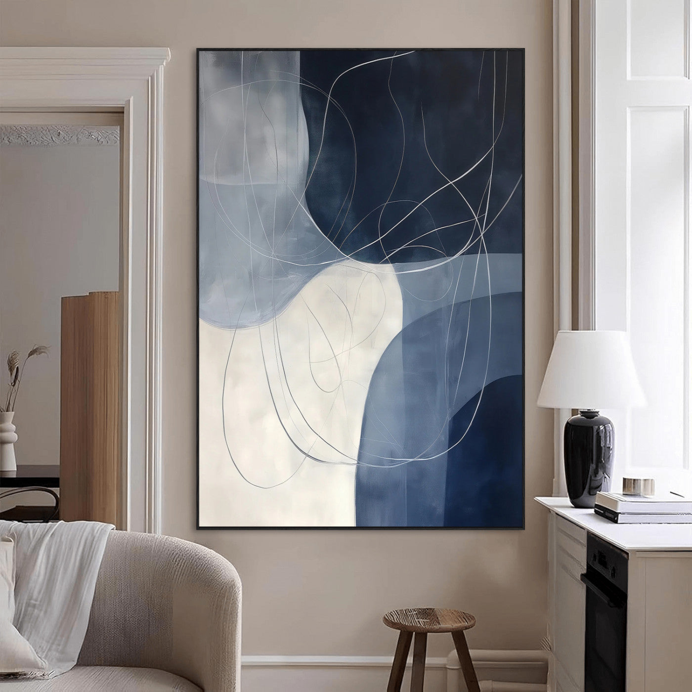 SEG-FC-51X34_Oversize - Navy Abstract Wall Art Canvas Print, Framed Minimal Lineart Art Picture Print, Abstract Shapes Perfect Minimalist Abstract Decor Artwork