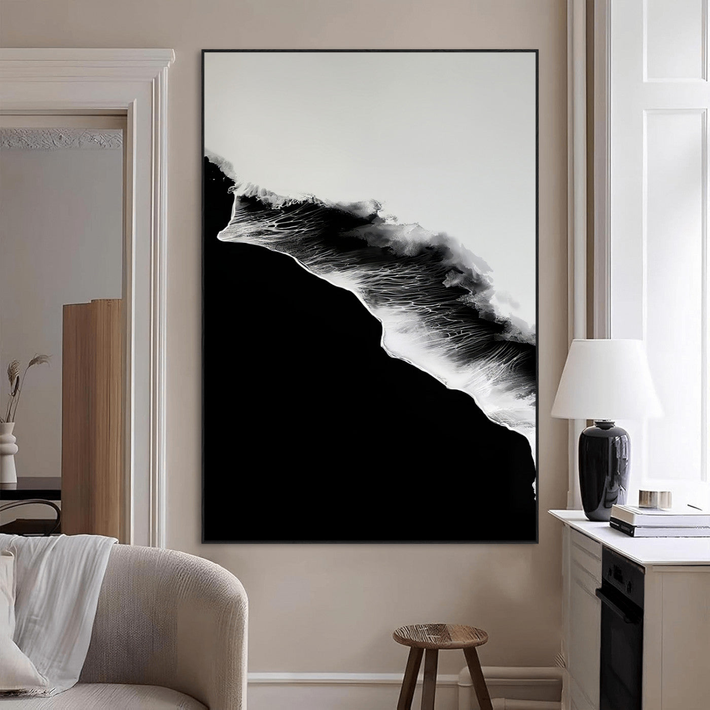 SEG-FC-51X34_Oversize - Ocean Wave Wall Art Canvas Print, Framed Abstract Wave Art Picture Print, Monochrome Sea Perfect Modern Minimal Decor Artwork