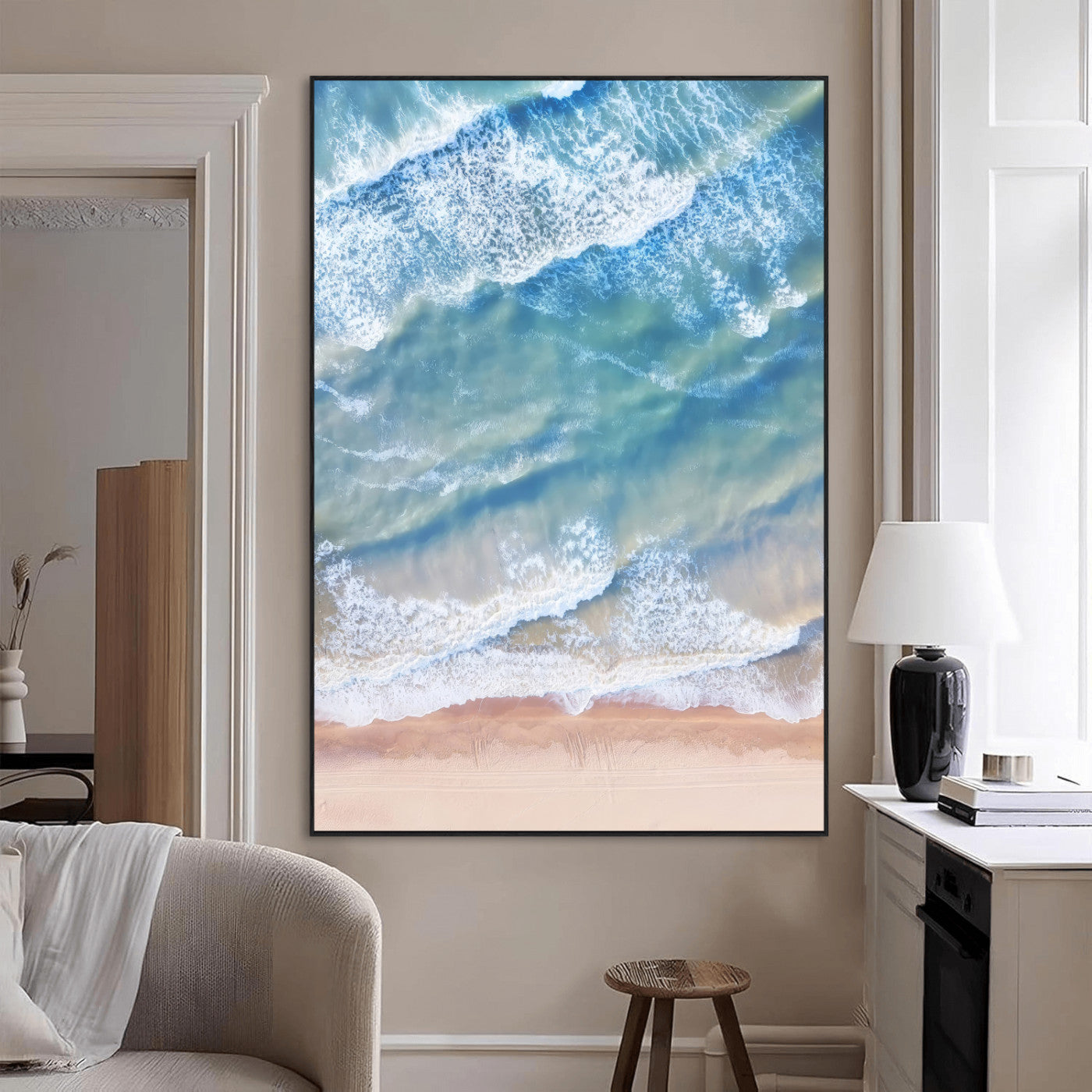 SEG-FC-51X34_Oversize - Aerial Ocean View Wall Art Canvas Print, Framed Soft Blue Waves Art Picture Print, Sandy Shoreline Perfect Modern Coastal Decor Artwork