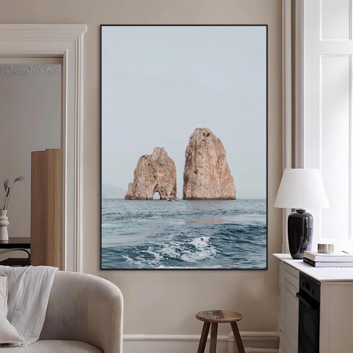 SEG-FC-51X34_Oversize - Faraglioni Capri Wall Art Canvas Print, Framed Serene Ocean Art Picture Print, Mediterranean Coastal View Perfect Mediterranean Minimalist Decor Artwork