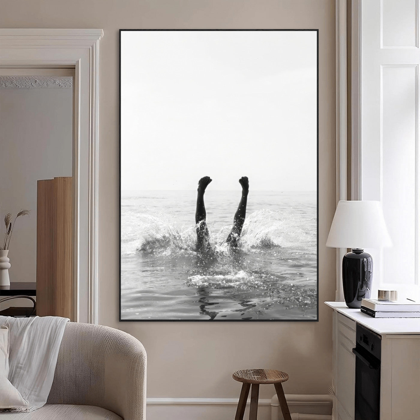 SEG-FC-51X34_Oversize - Minimal Ocean Wall Art Canvas Print, Framed Monochrome Diving Art Picture Print, Swimmer in Sea Perfect Minimalist Coastal Decor Artwork