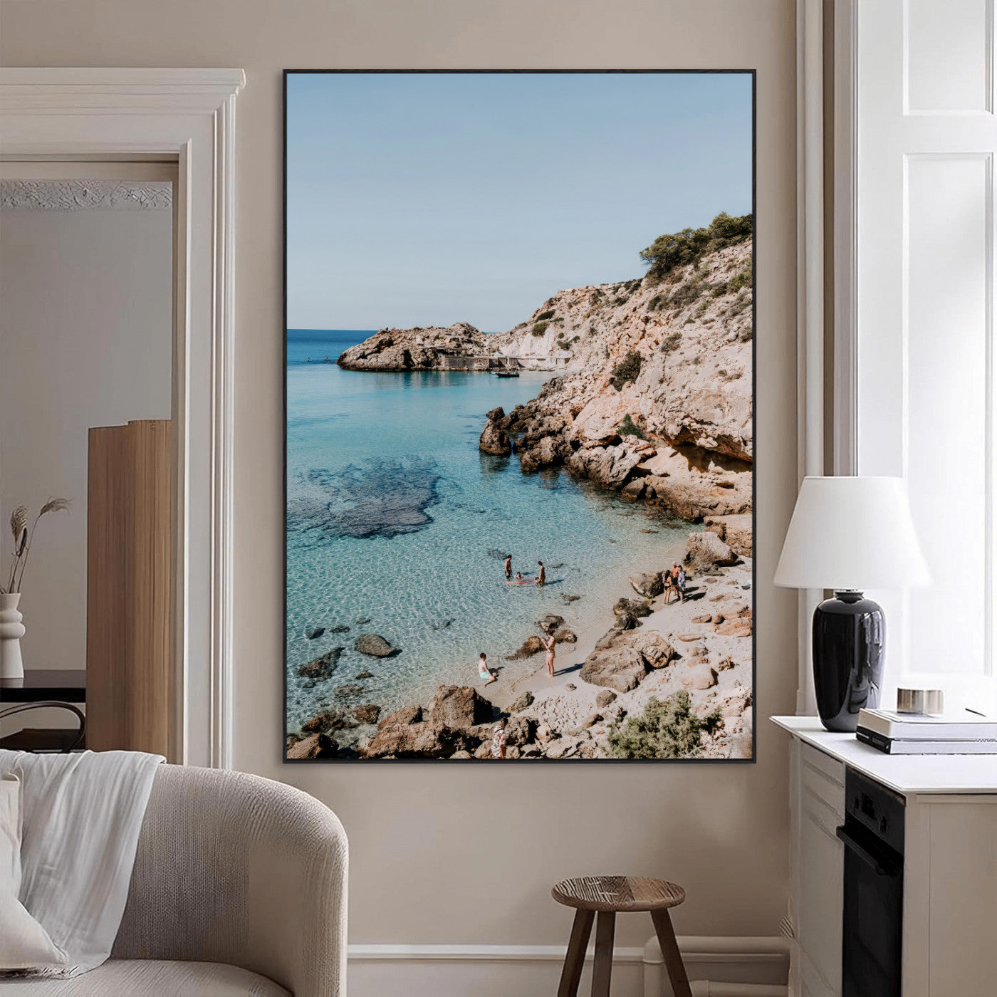 SEG-FC-51X34_Oversize - Turquoise Cove Wall Art Canvas Print, Framed Ibiza Beach Art Picture Print, Mediterranean Shore Perfect Boho Coastal Decor Artwork