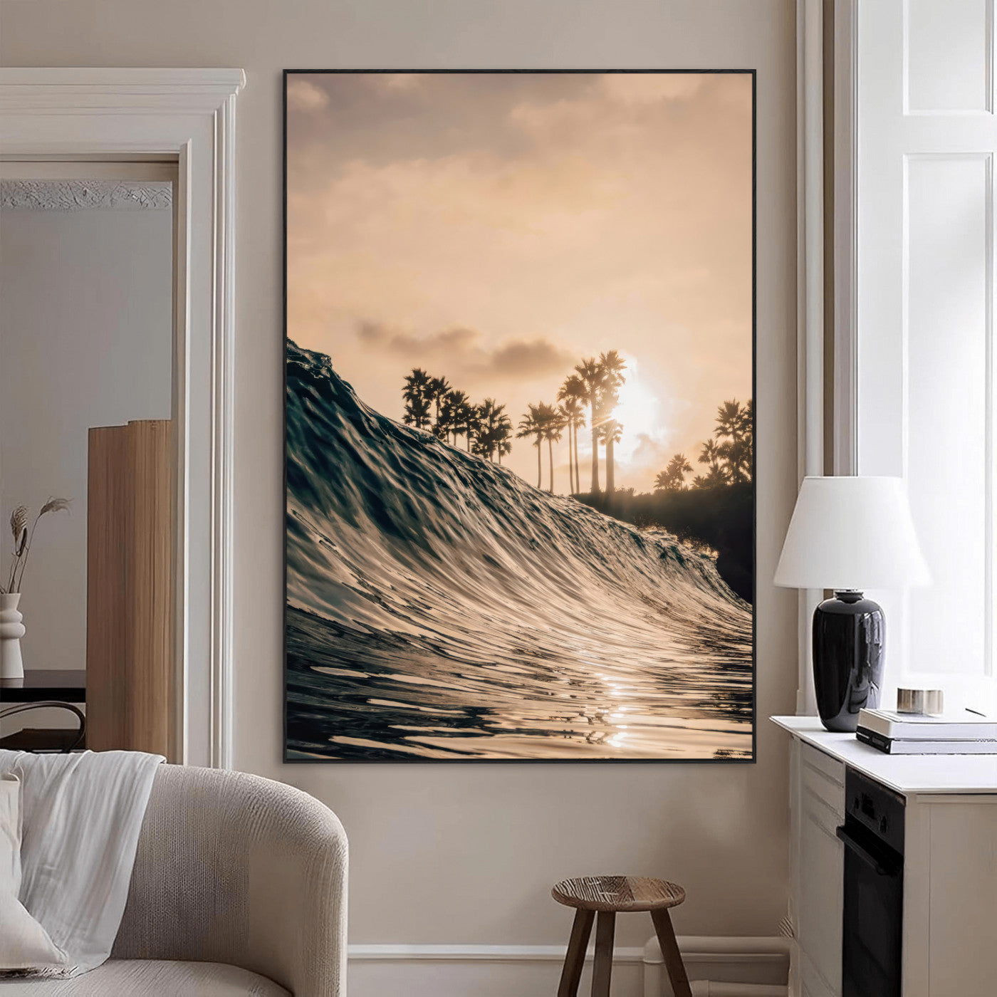 SEG-FC-51X34_Oversize - Golden Hour Ocean Wave Wall Art Canvas Print, Framed Tropical Beach Sunset Art Picture Print, Palm Tree Silhouettes Perfect Tropical Coastal Decor Artwork