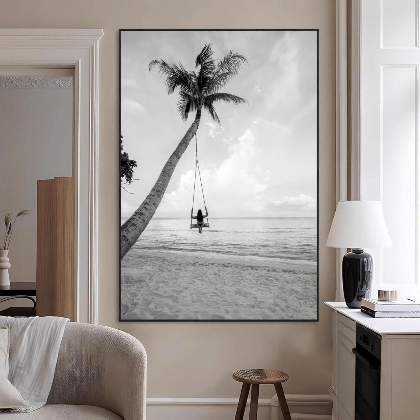 SEG-FC-51X34_Oversize - Black White Palm Tree Wall Art Canvas Print, Framed Minimalist Beach Swing Art Picture Print, Monochrome Coastal Perfect Minimalist Coastal Decor Artwork