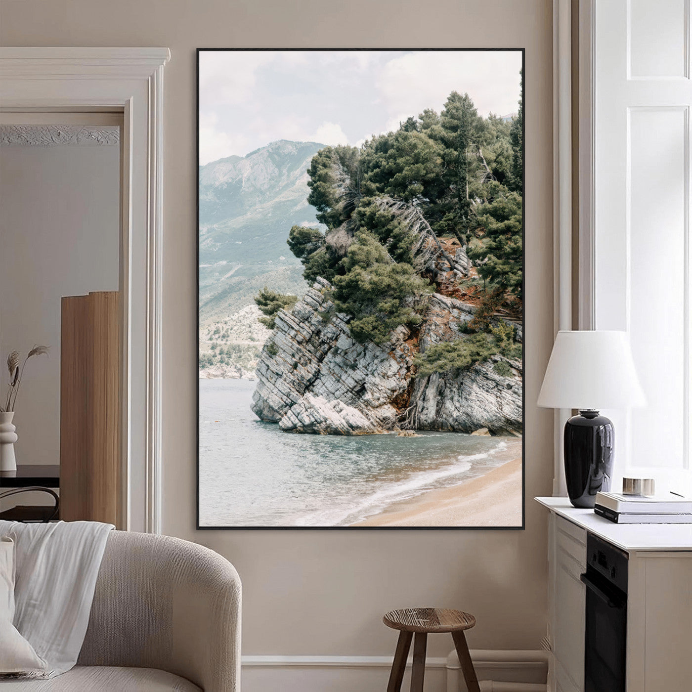 SEG-FC-51X34_Oversize - Beach Trees Wall Art Canvas Print, Framed Earthy Beachside Art Picture Print, Beachside Nature Perfect Rustic Coastal Decor Artwork