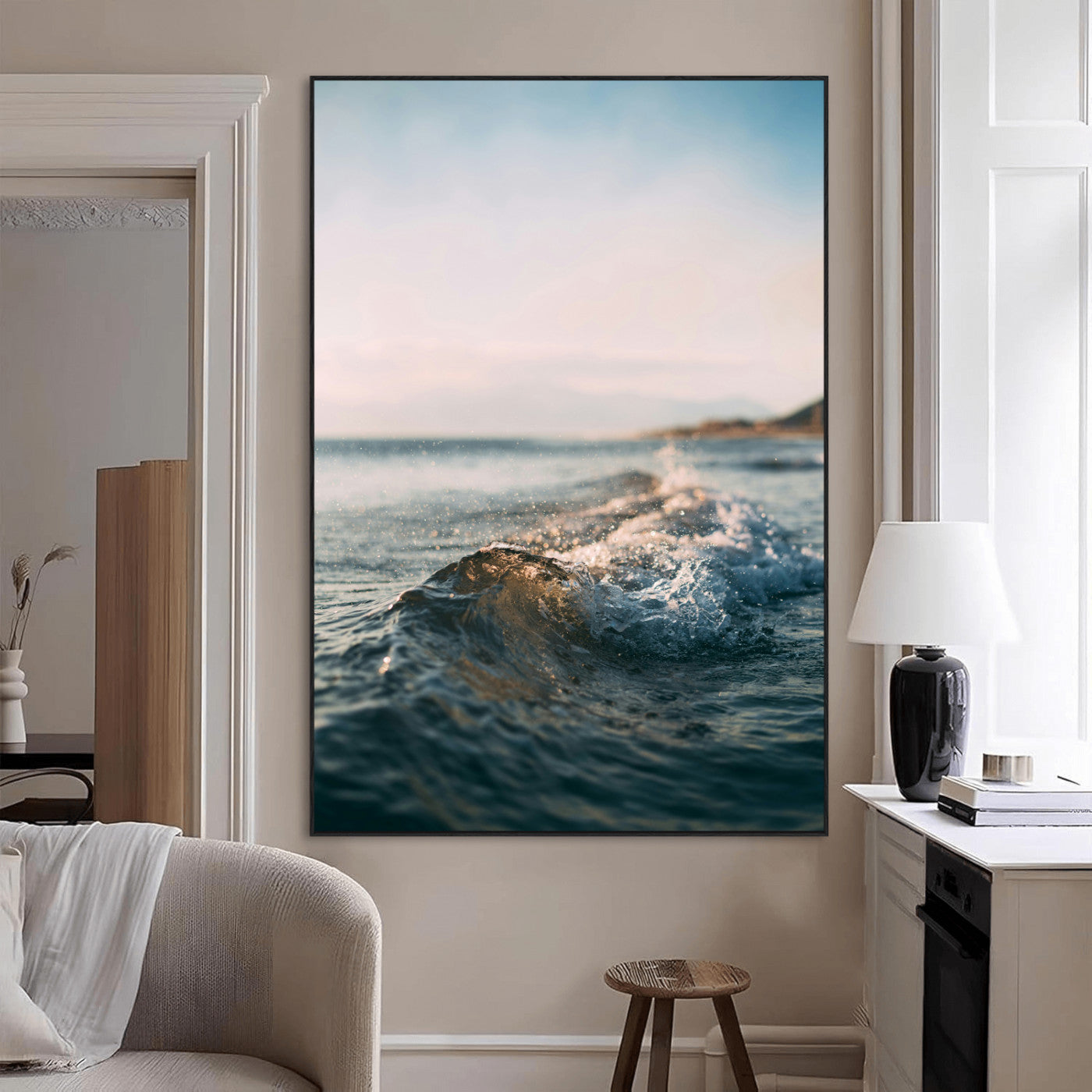 SEG-FC-51X34_Oversize - Ocean Waves Wall Art Canvas Print, Framed Coastal Serenity Art Picture Print, Golden Hour Perfect Modern Coastal Decor Artwork