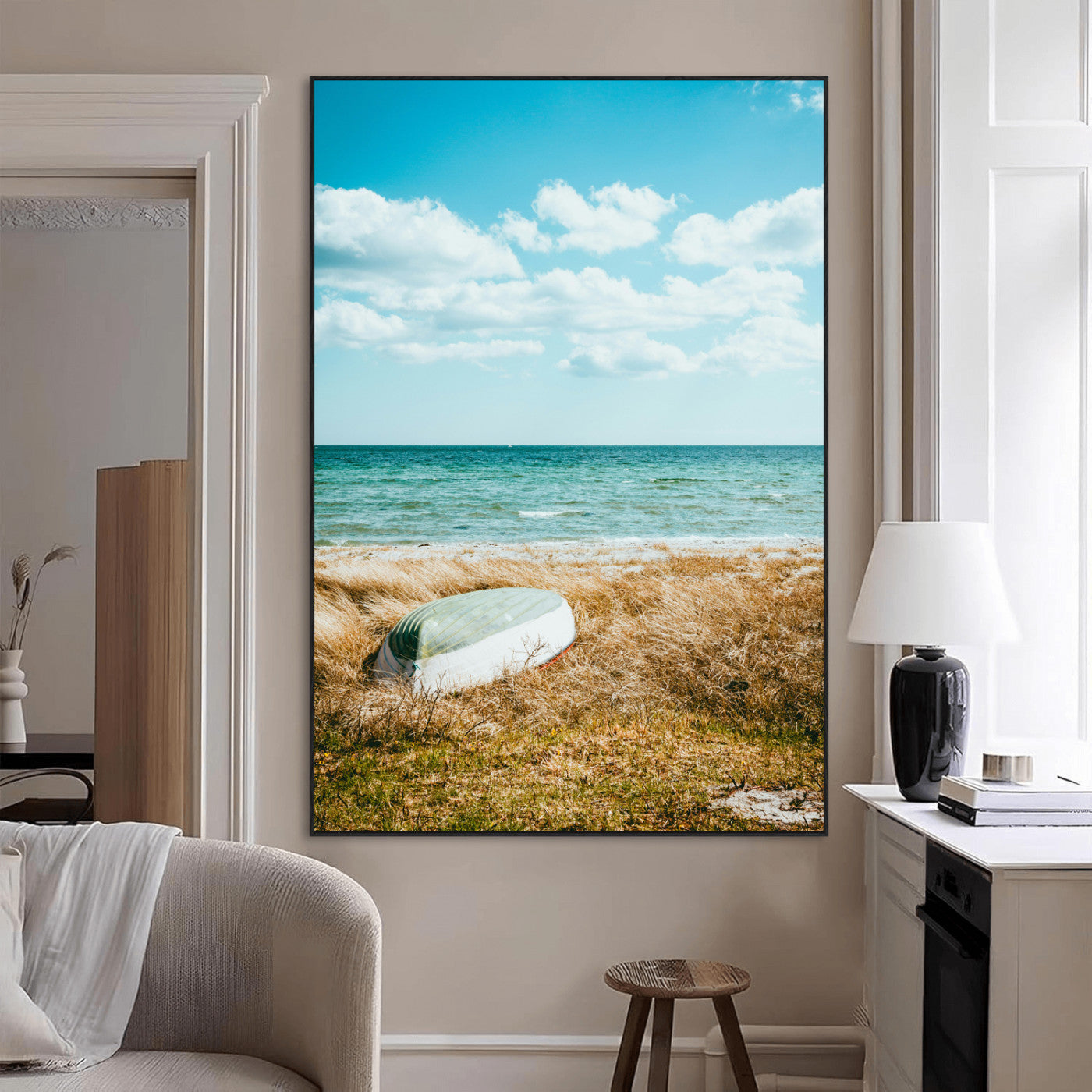 SEG-FC-51X34_Oversize - Coastal Serenity Wall Art Canvas Print, Framed Ocean View Art Picture Print, Rustic Boat Perfect Nautical Coastal Decor Artwork