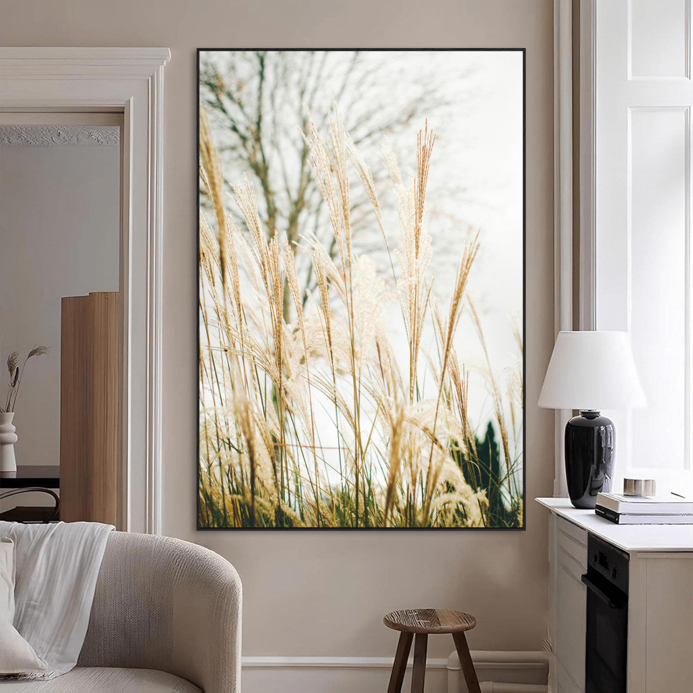 SEG-FC-51X34_Oversize - Pampas Grass Wall Art Canvas Print, Framed Neutral Tones Art Picture Print, Minimalist Nature Perfect Boho Minimalist Decor Artwork