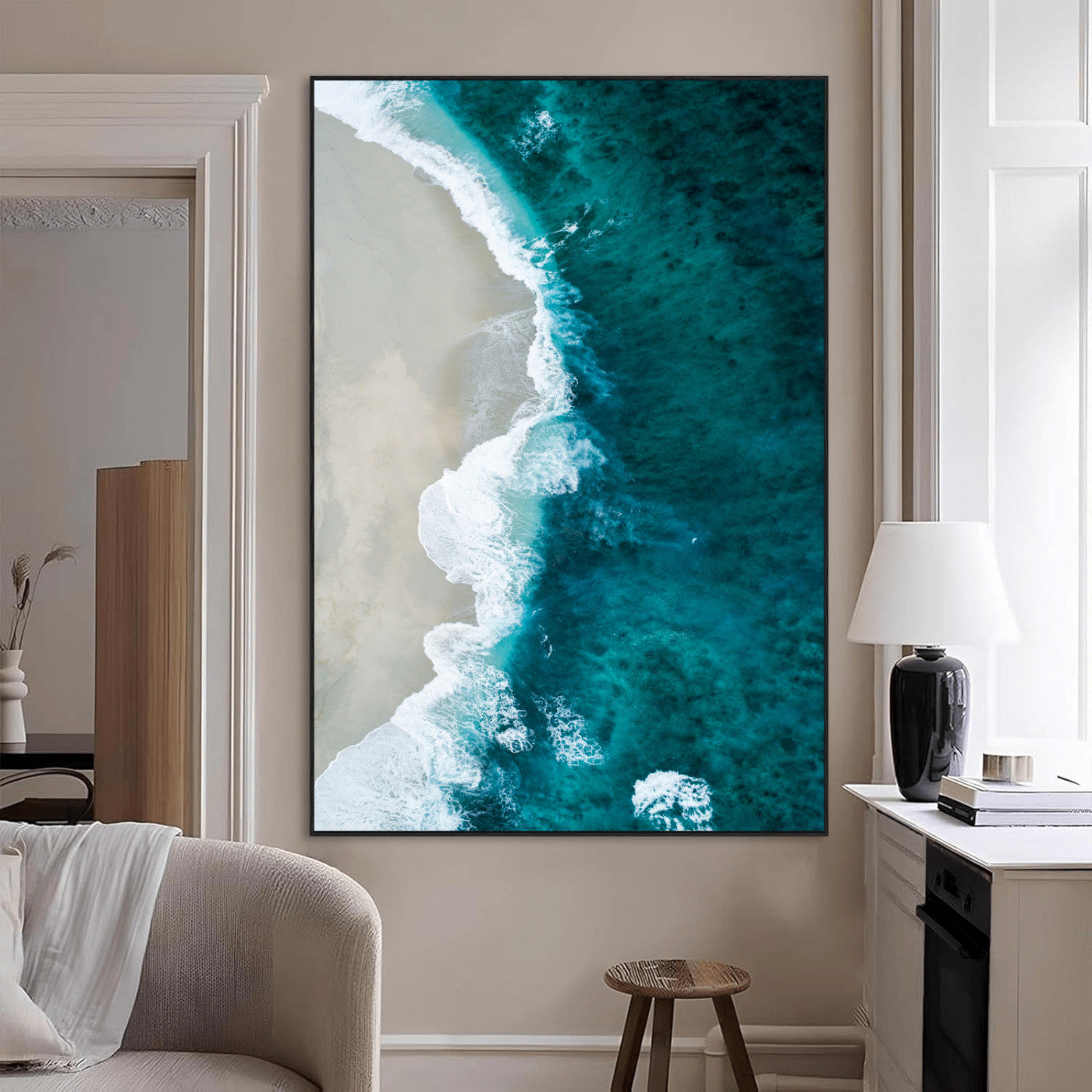 SEG-FC-51X34_Oversize - Aerial Ocean View Wall Art Canvas Print, Framed Coastal Serenity Art Picture Print, Turquoise Waves Perfect Modern Coastal Decor Artwork