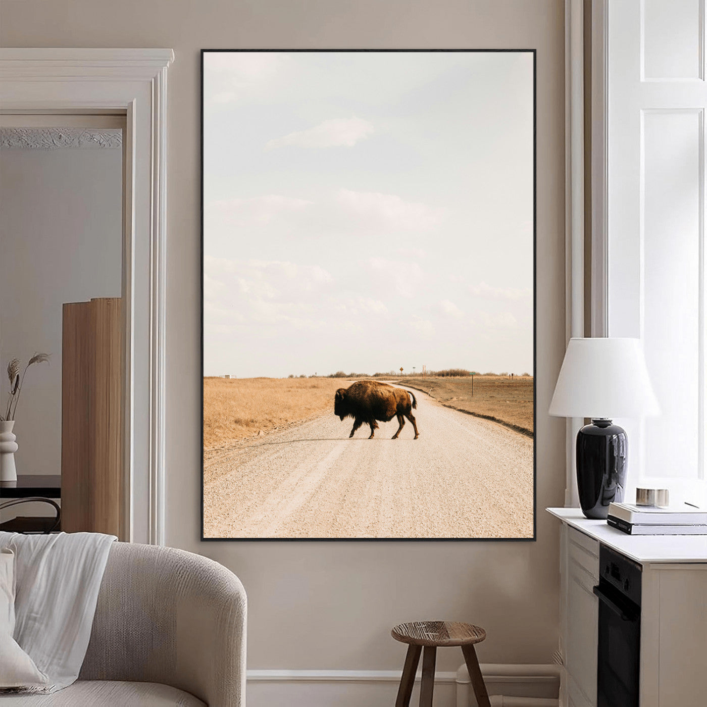 SEG-FC-51X34_Oversize - Bison Crossing Wall Art Canvas Print, Framed Western Landscape Art Picture Print, Prairie Road Perfect Modern Ranch Decor Decor Artwork