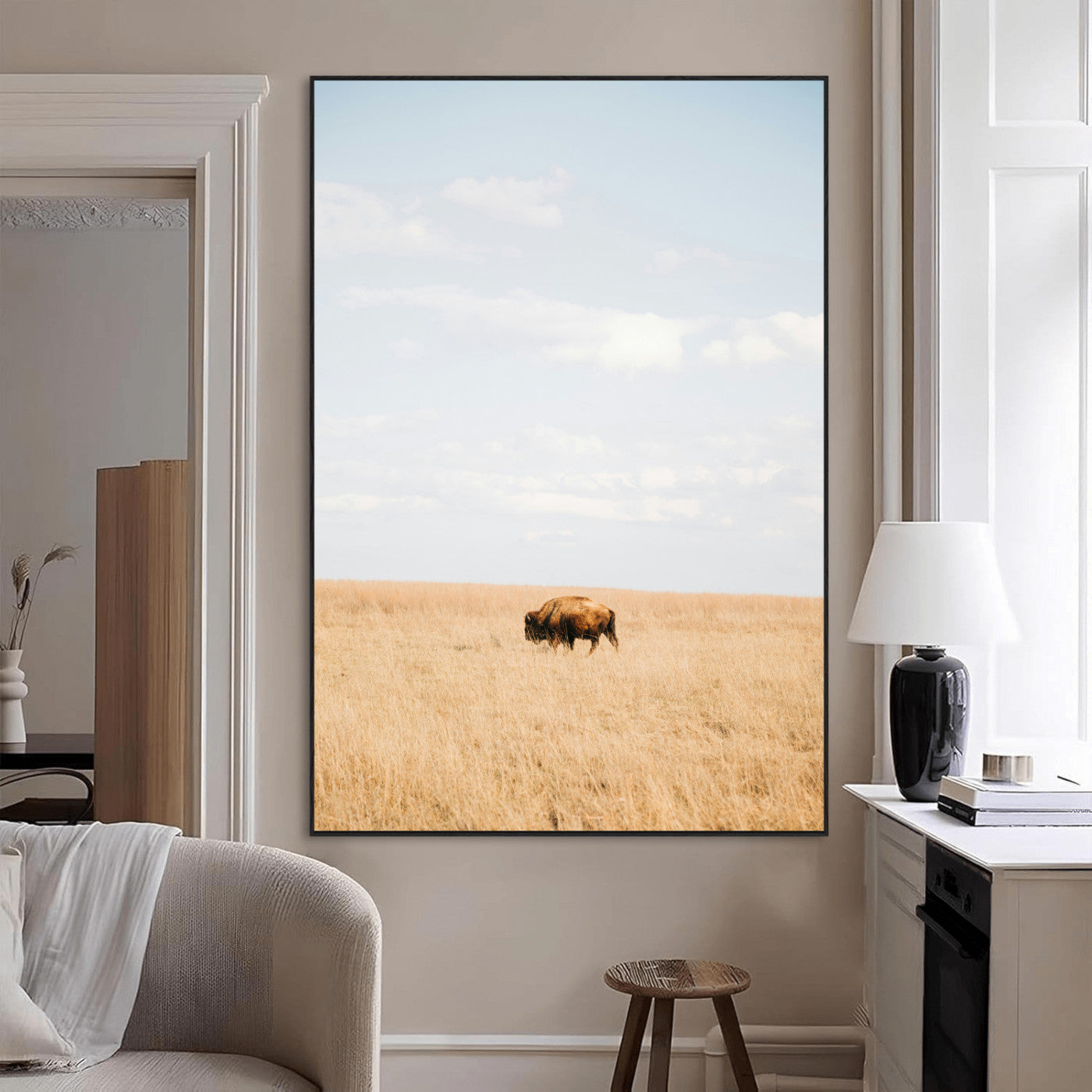 96766166-MGV-CV-24X36-Minimalist Nature Wall Art Canvas Print, Framed Bison In Grassland Art Picture Print, Open Field