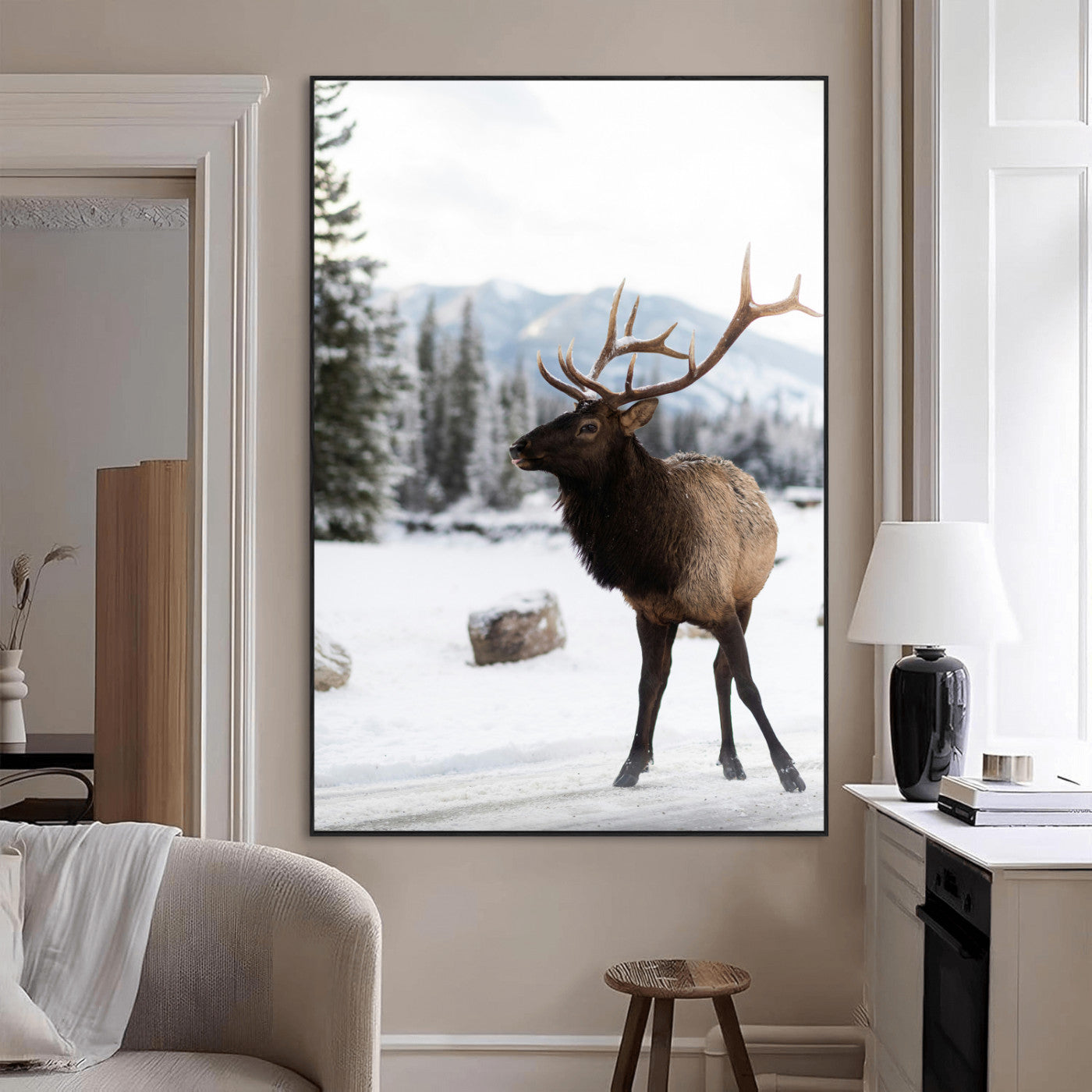 SEG-FC-51X34_Oversize - Elk Photography Wall Art Canvas Print, Framed Winter Wildlife Art Picture Print, Snowy Mountains Perfect Rustic Cabin Decor Decor Artwork
