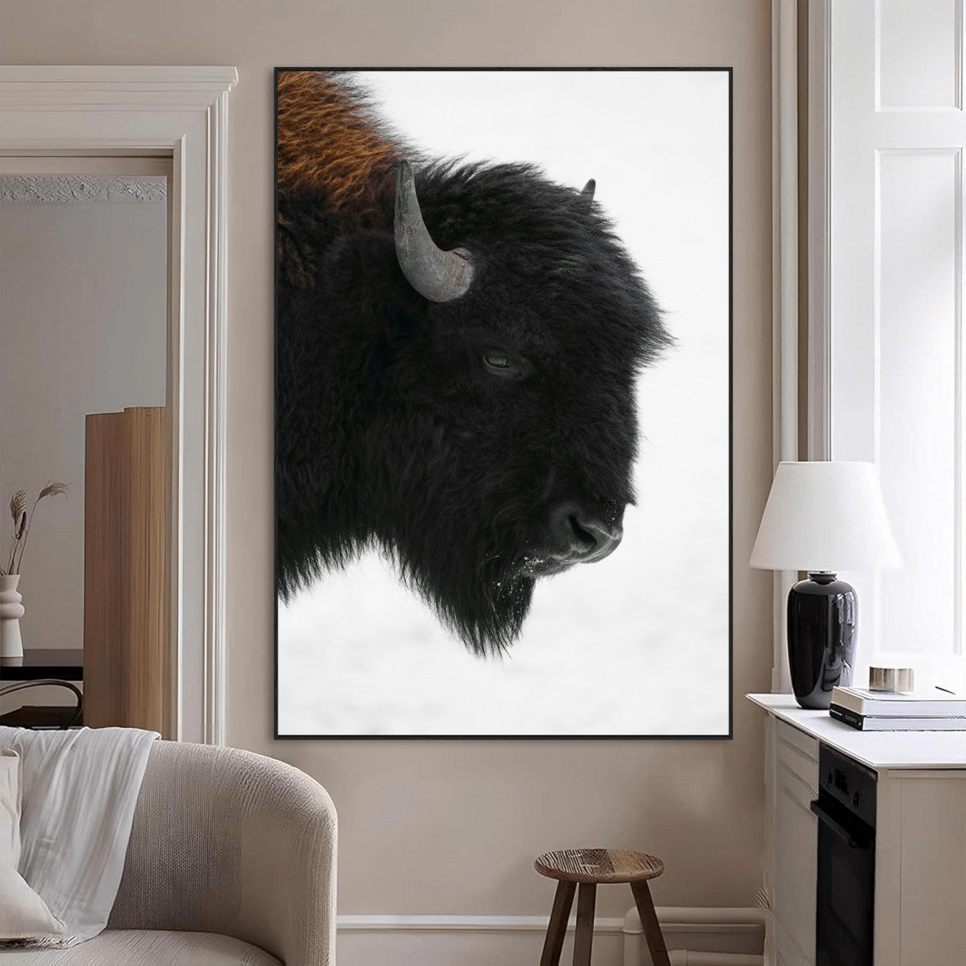 SEG-FC-51X34_Oversize - Western Rustic Wall Art Canvas Print, Framed Buffalo Photography Art Picture Print, Black and White Wildlife Perfect Country Decor Artwork