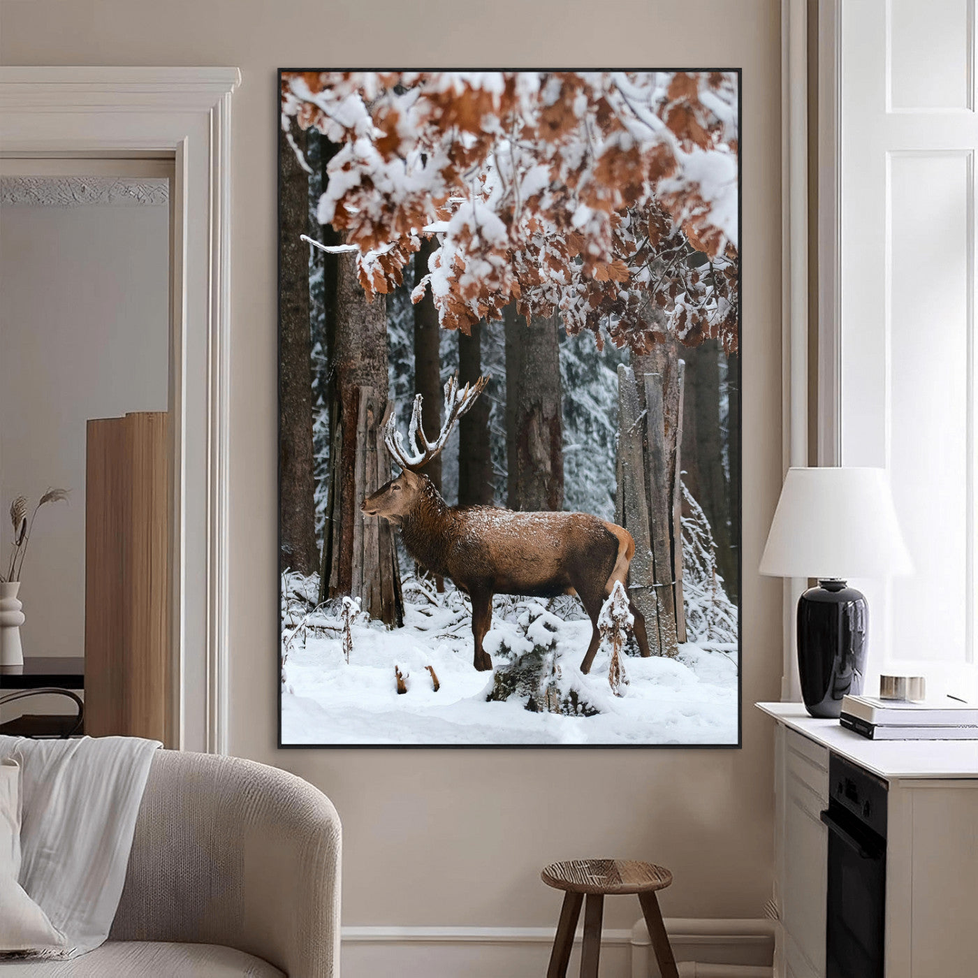 SEG-FC-51X34_Oversize - Serene Landscape Wall Art Canvas Print, Framed Winter Wonderland Art Picture Print, Winter Deer Perfect Cabin Decor Artwork