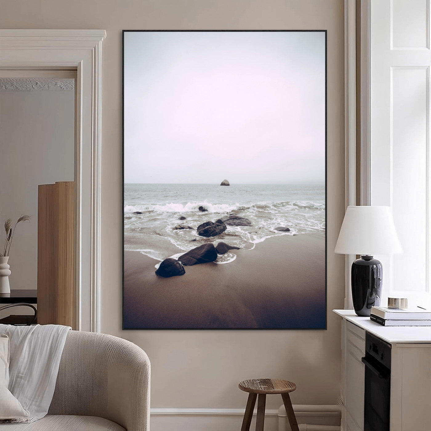 SEG-FC-51X34_Oversize - Moody Seascape Wall Art Canvas Print, Framed Neutral Beach Art Picture Print, Foggy Ocean Perfect Minimalist Decor Artwork
