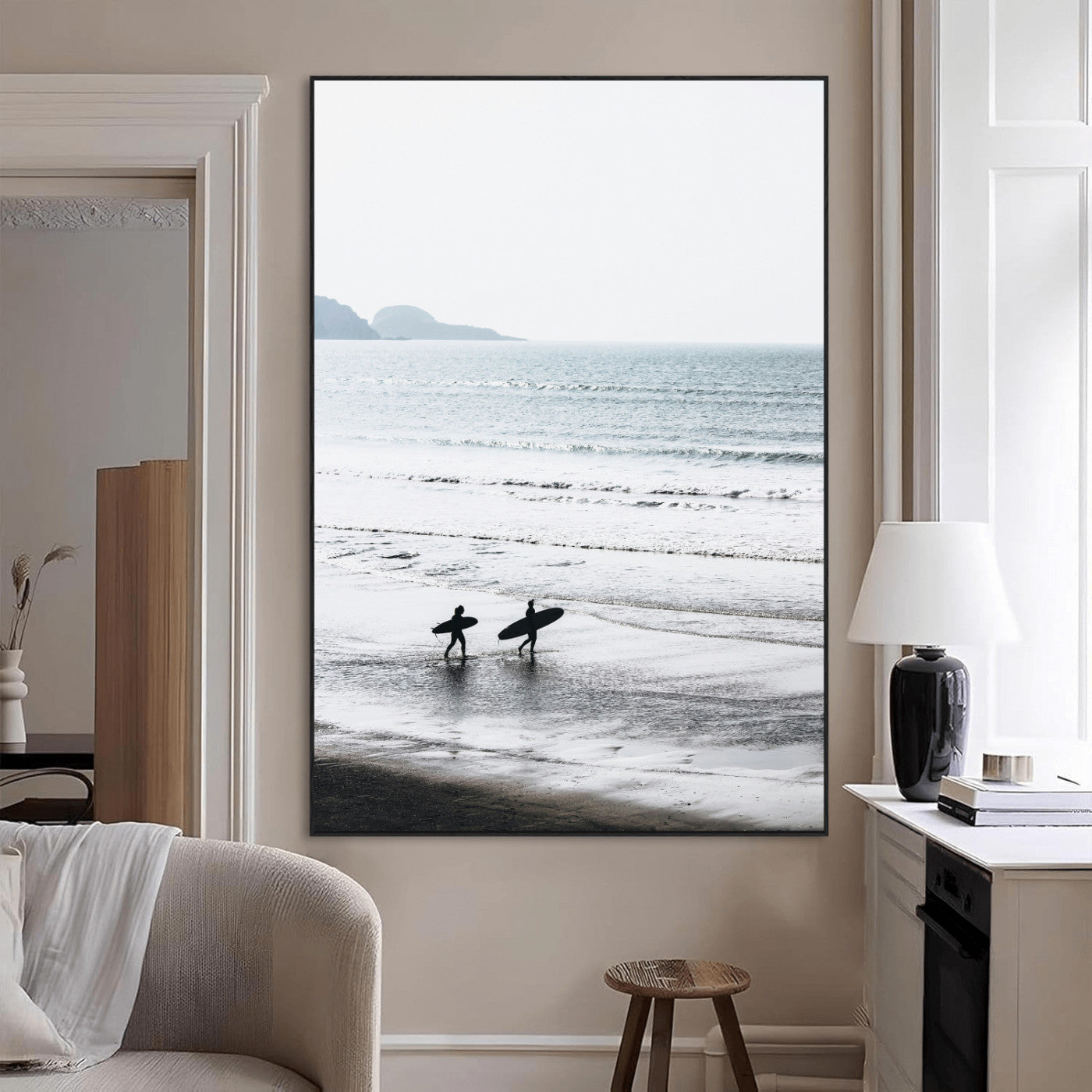 SEG-FC-51X34_Oversize - Surfer Silhouettes Wall Art Canvas Print, Framed Minimalist Ocean Art Picture Print, Soft Horizon Perfect Minimalist Coastal Decor Artwork