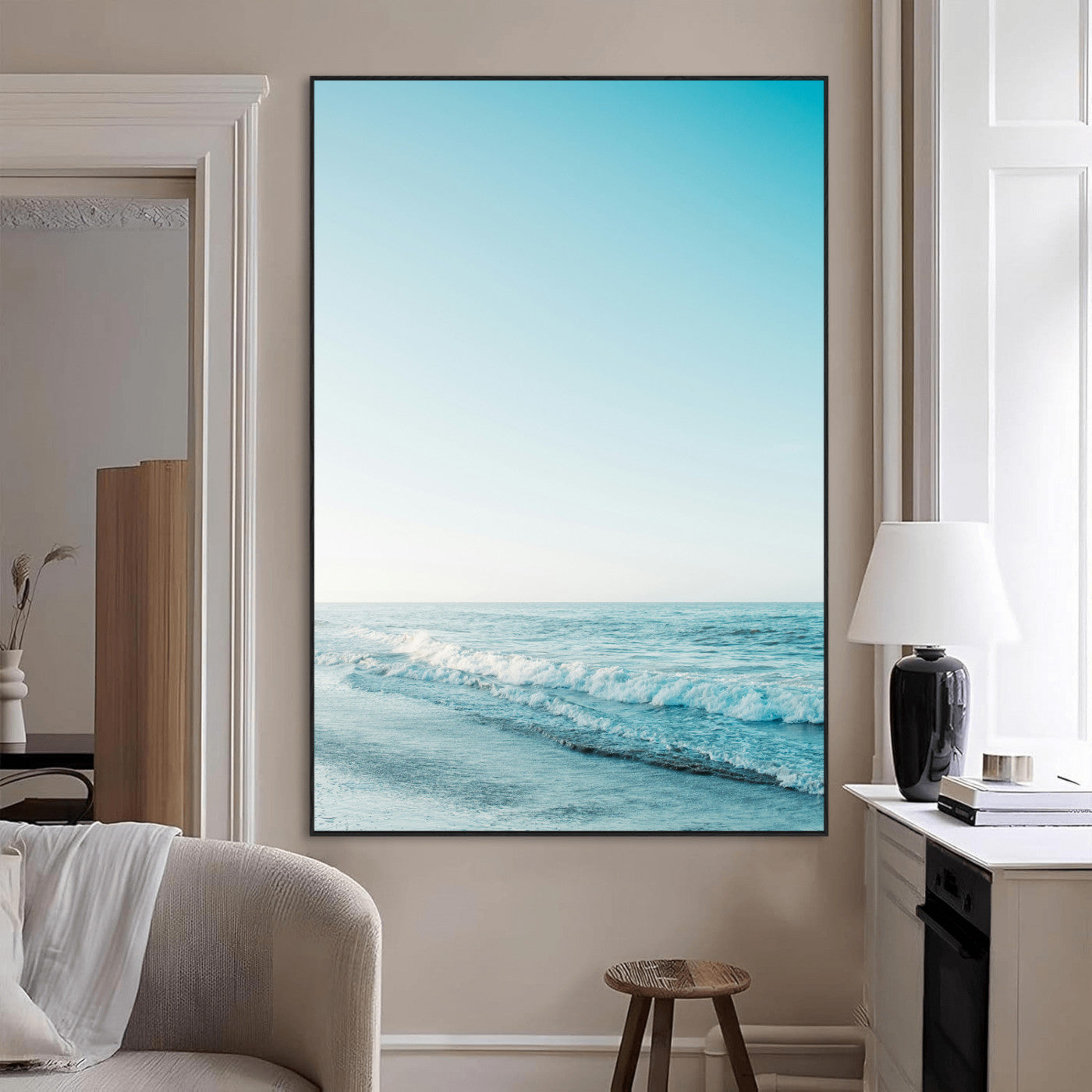 SEG-FC-51X34_Oversize - Minimalist Ocean Wall Art Canvas Print, Framed Calm Seascape Art Picture Print, Soft Blue Tones Perfect Coastal Minimalist Decor Artwork