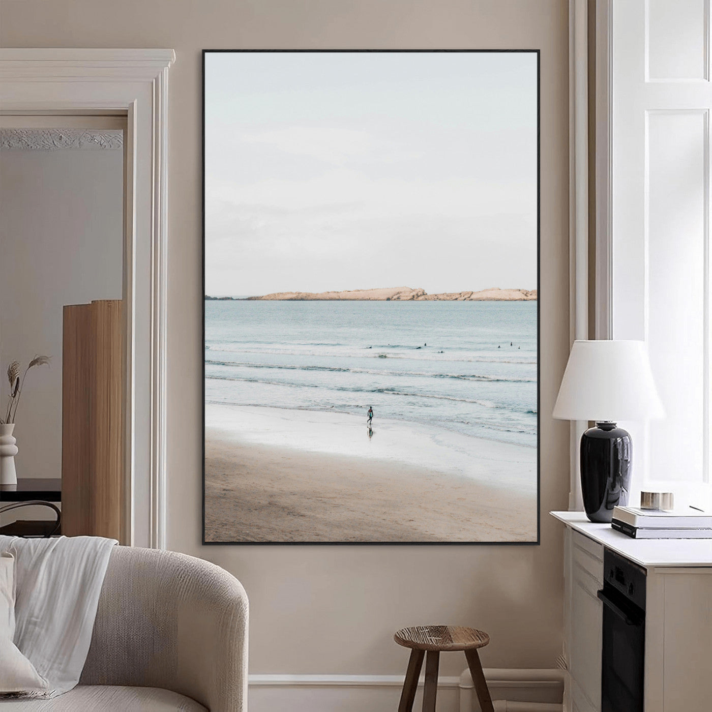SEG-FC-51X34_Oversize - Minimalist Beach Wall Art Canvas Print, Framed Soft Blue Tones Art Picture Print, Tranquil Ocean Perfect Coastal Minimalist Decor Artwork