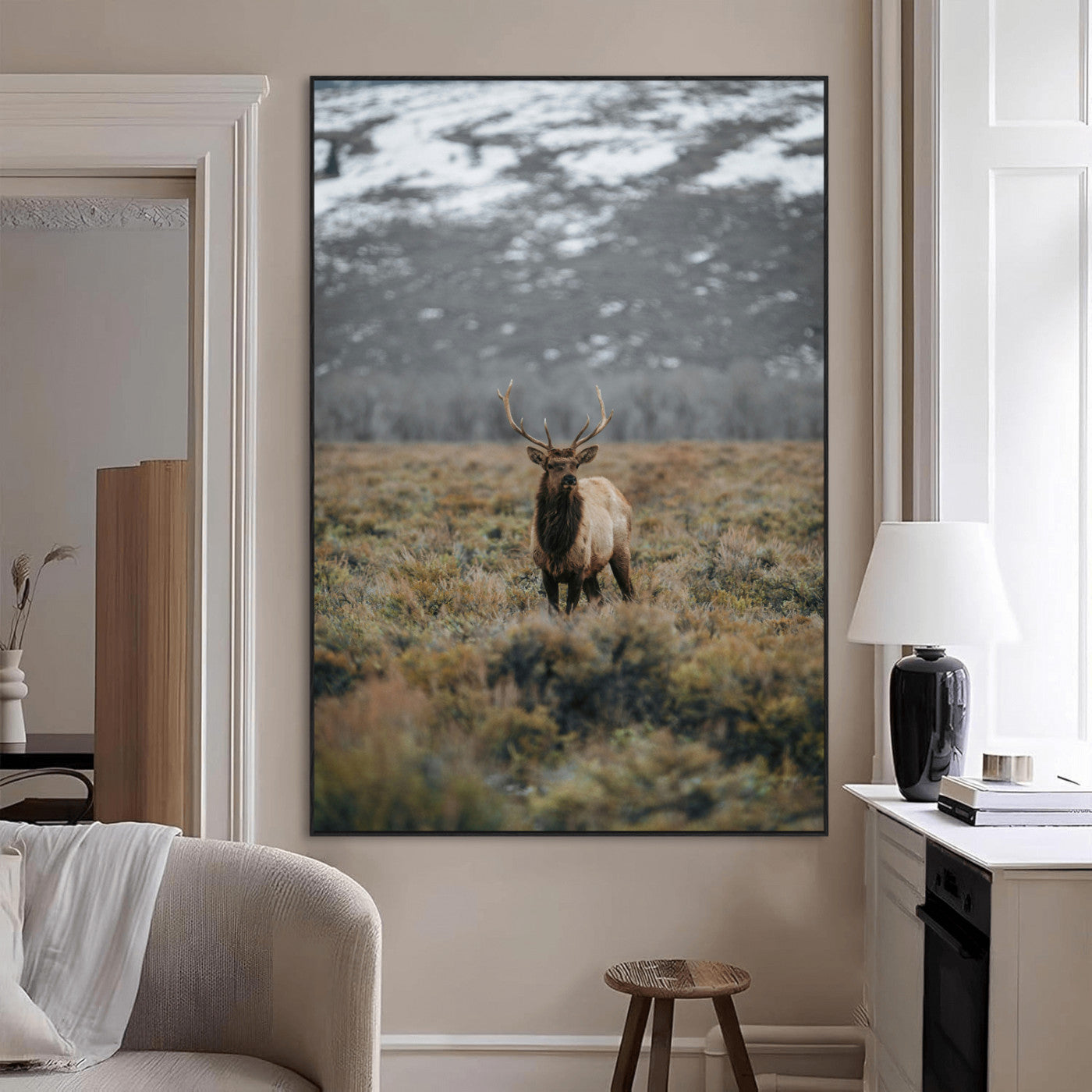 SEG-FC-51X34_Oversize - Wild Elk Wall Art Canvas Print, Framed Mountain Wilderness Art Picture Print, Majestic Animal Perfect Rustic Lodge Decor Artwork
