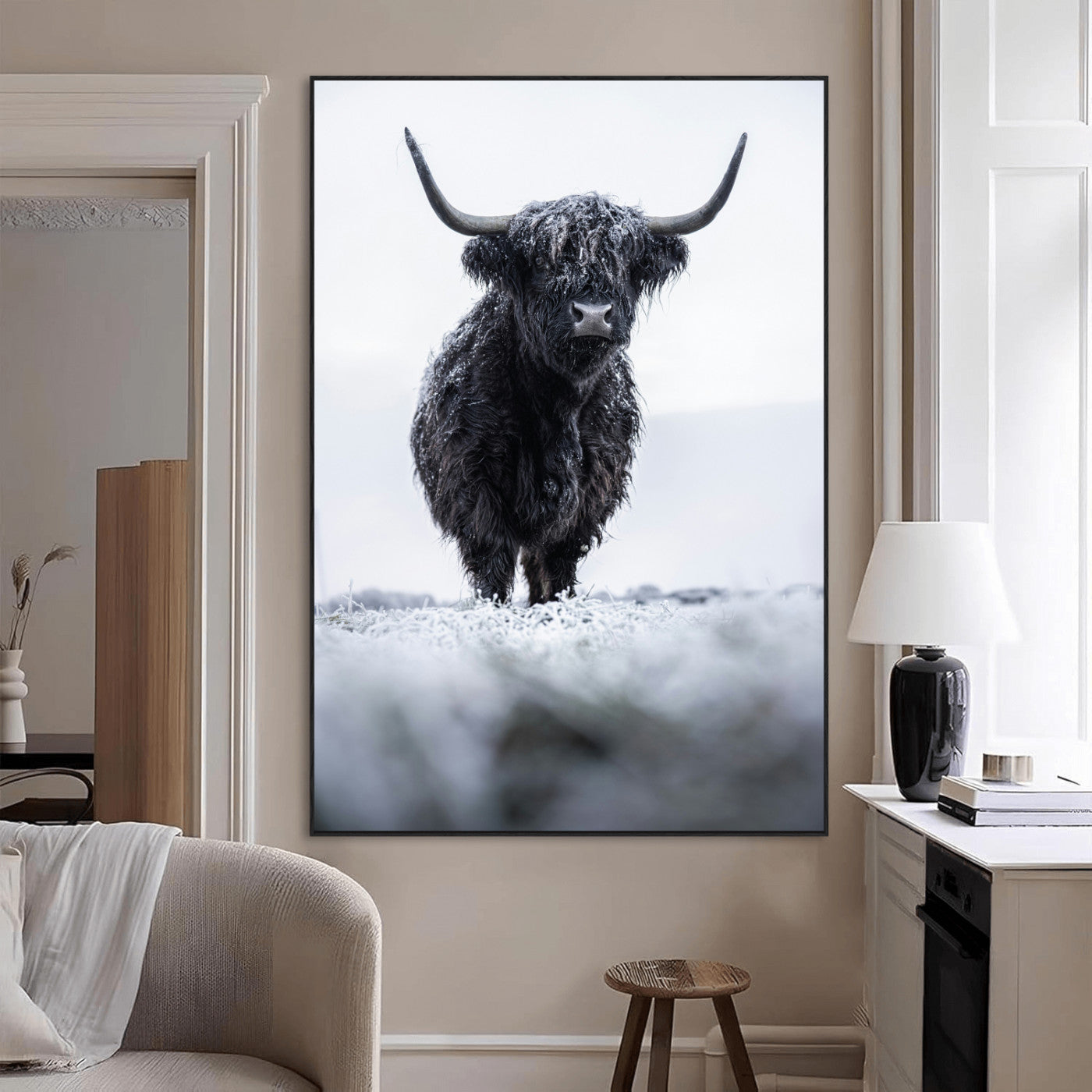 SEG-FC-51X34_Oversize - Frosty Black Highland Wall Art Canvas Print, Framed Moody Winter Aesthetic Art Picture Print, Scottish Highlands Perfect Modern Rustic Decor Artwork