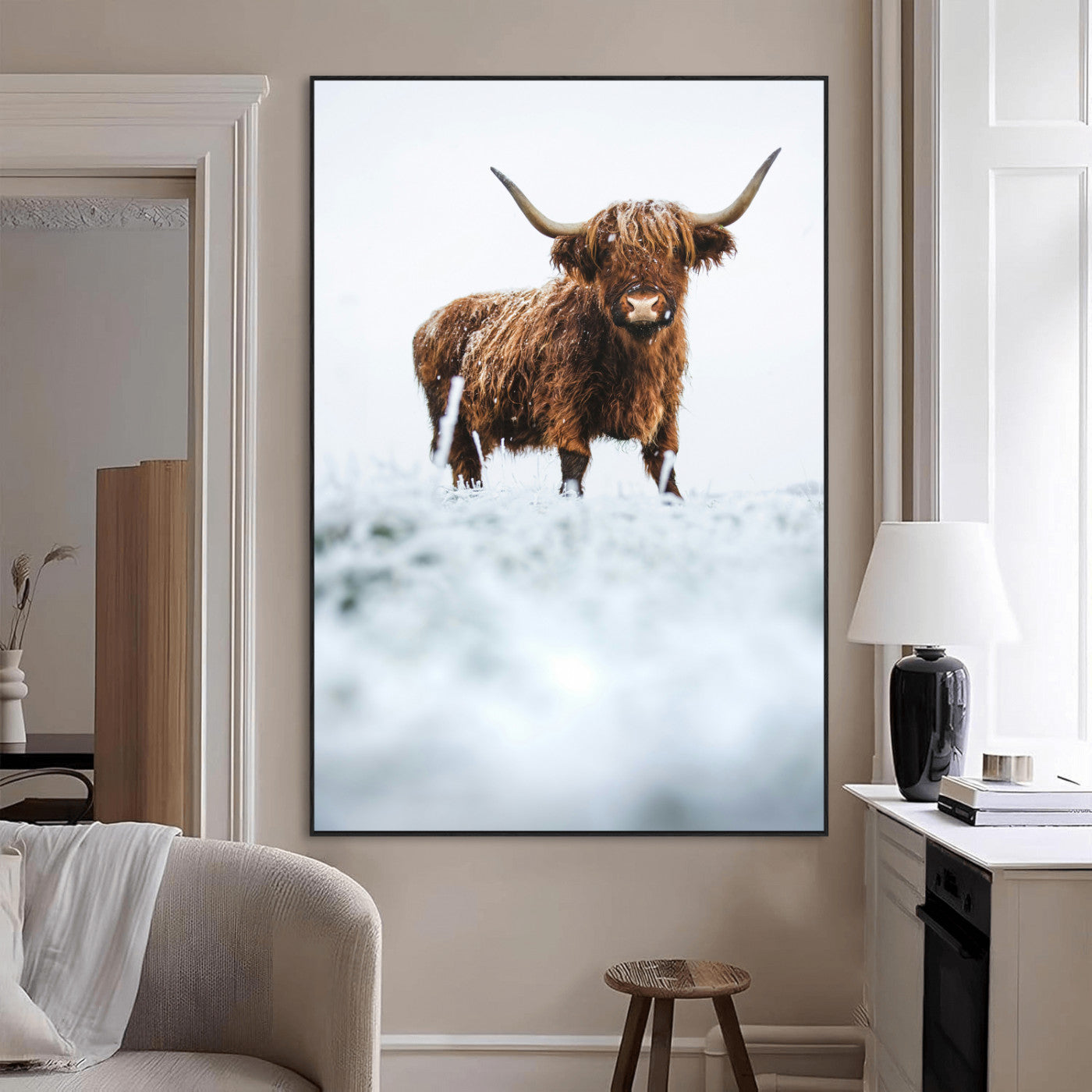 SEG-FC-51X34_Oversize - Highland Cow Wall Art Canvas Print, Framed Horned Cow Art Picture Print, Scottish Cattle Perfect Farmhouse Decor Artwork