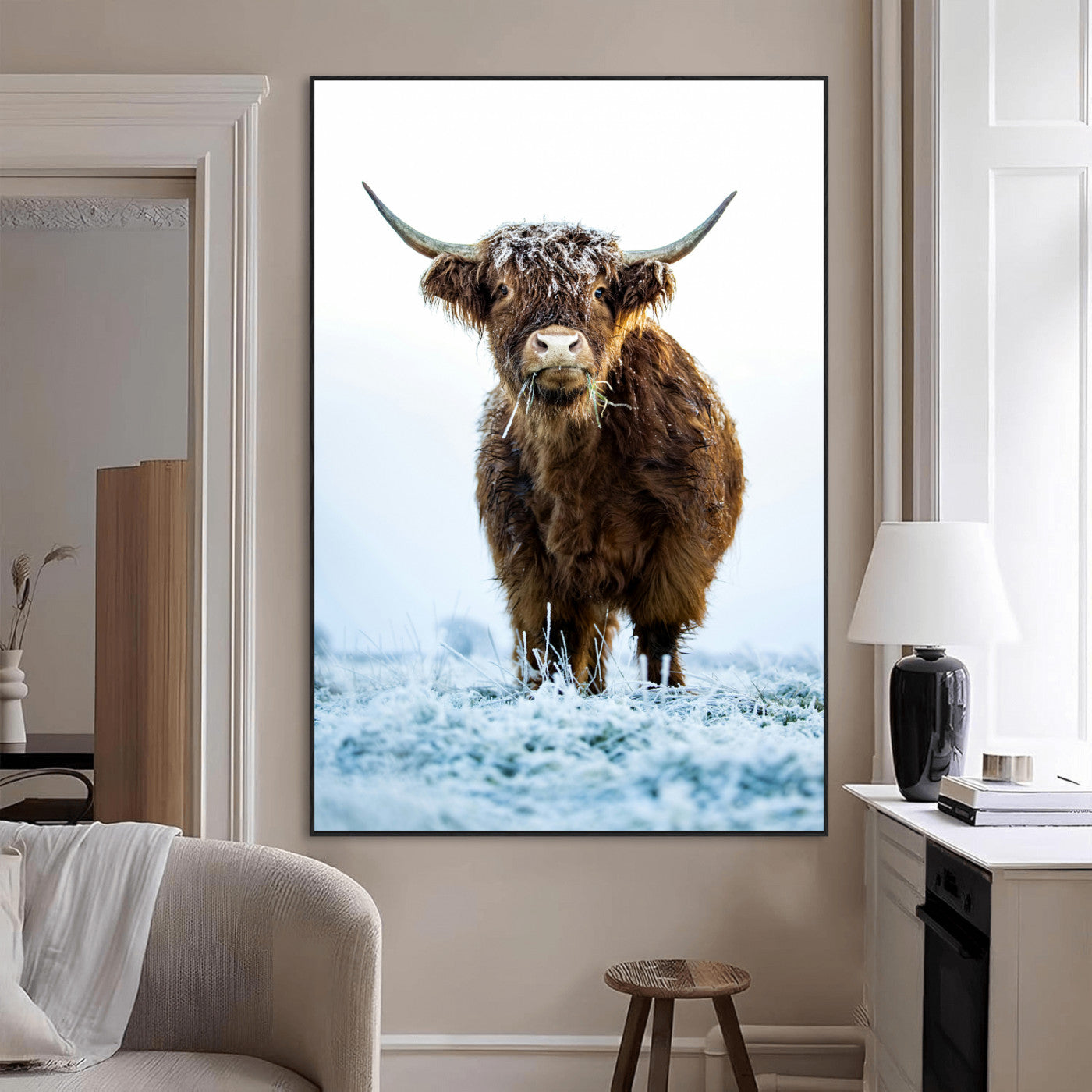 SEG-FC-51X34_Oversize - Highland Cow Wall Art Canvas Print, Framed Frosty Grass Art Picture Print, Winter Scene Perfect Rustic Farmhouse Decor Artwork