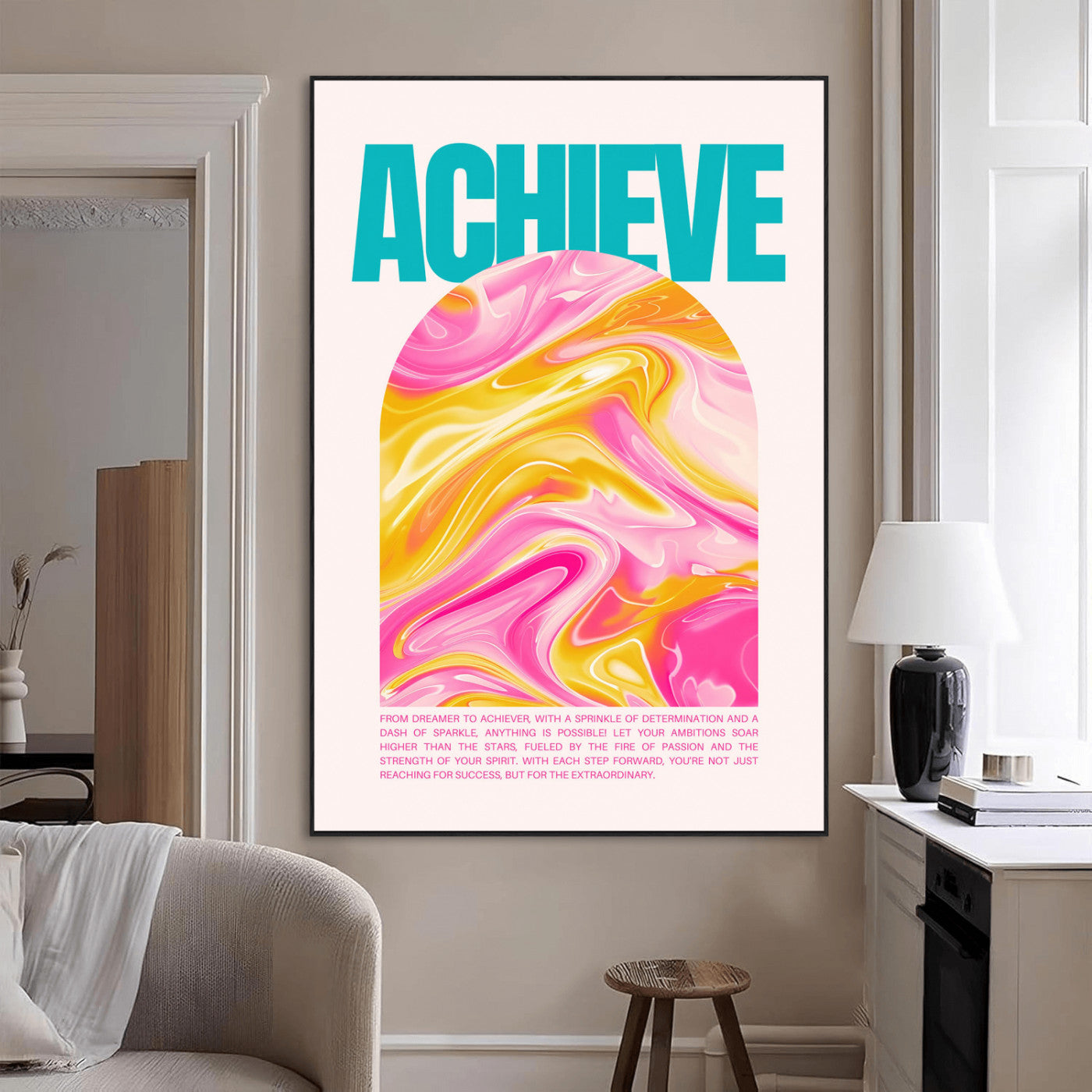 SEG-FC-51X34_Oversize - Achieve Motivational Poster Canvas Wall Art – Inspirational Abstract Pink & Yellow Swirls, Positive Quote Decor for Office, Home