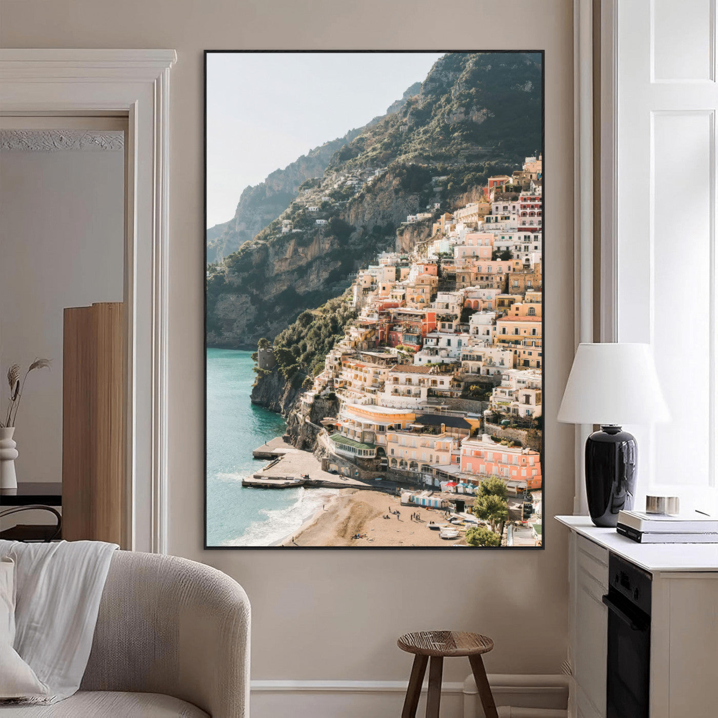 SEG-FC-51X34_Oversize - Scenic Coastal Cliffside Town Wall Art – Mediterranean Seaside View Canvas Print, Vibrant Wrapped Canvas for Living Room, Office, Home Decor