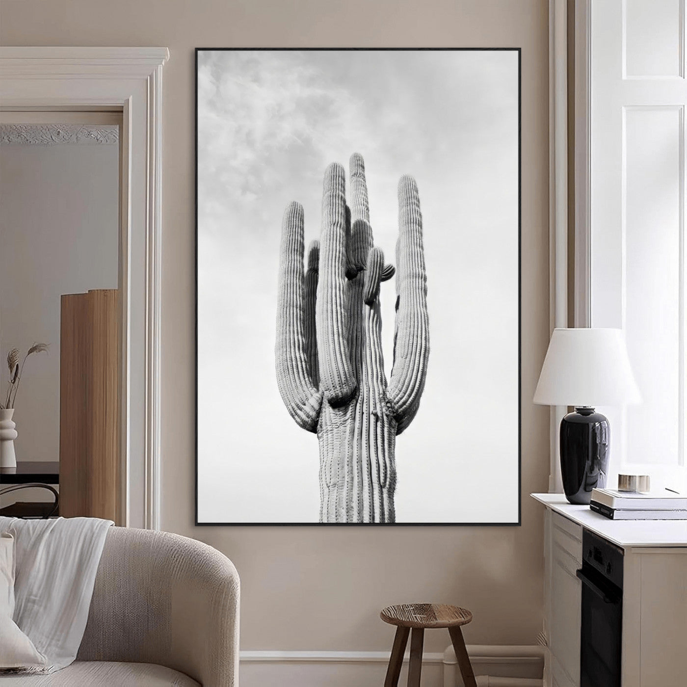SEG-FC-51X34_Oversize - Saguaro Cactus Wall Art – Black and White Desert Landscape Canvas Print, Modern Minimalist Nature Decor for Home, Office, Living Room