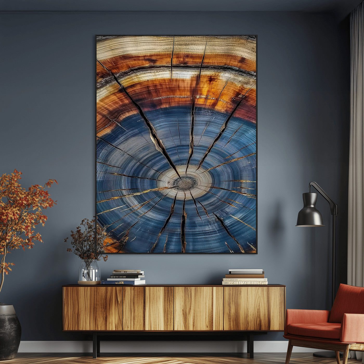 SEG-FC-51X34_Oversize - Tree Rings Wall Art Canvas Print, Framed Wood Texture Art Picture Print, Blue Grain Perfect Rustic Modern Decor Artwork