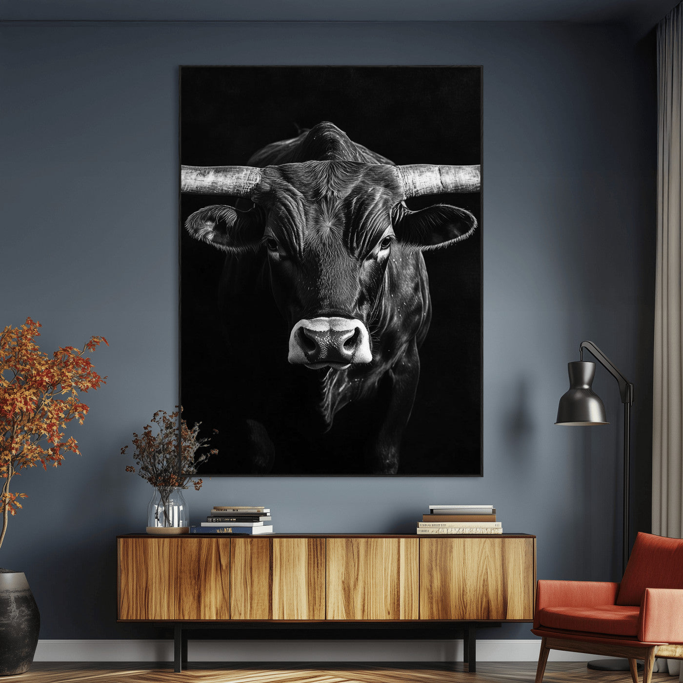 SEG-FC-51X34_Oversize - Texas Longhorn Wall Art Canvas Print, Framed Monochrome Bull Art Picture Print, Horned Bull Perfect Minimalist Western Decor Artwork