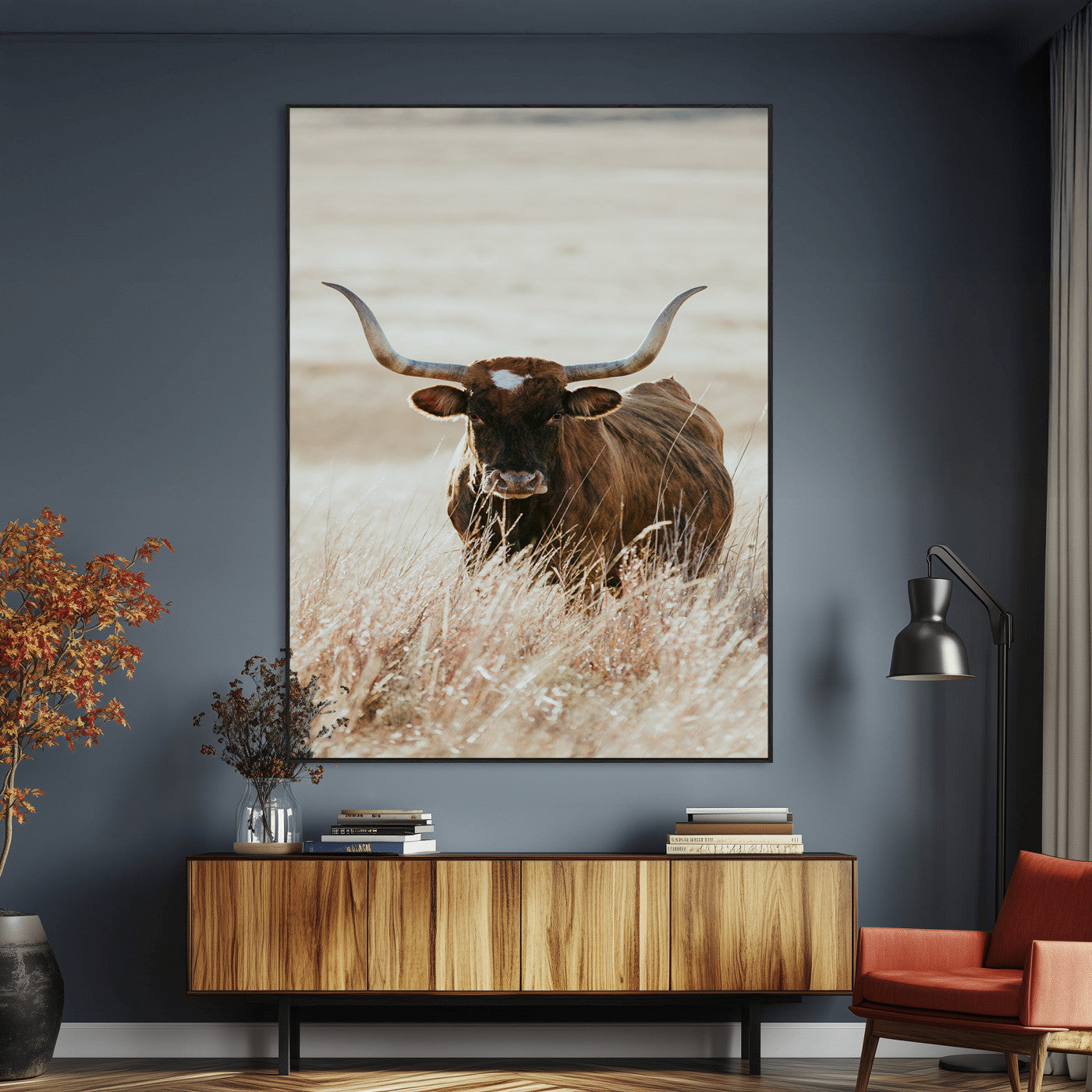SEG-FC-51X34_Oversize - Texas Longhorn Wall Art Canvas Print, Framed Brown Cattle Art Picture Print, Horned Bull Perfect Rustic Western Decor Artwork
