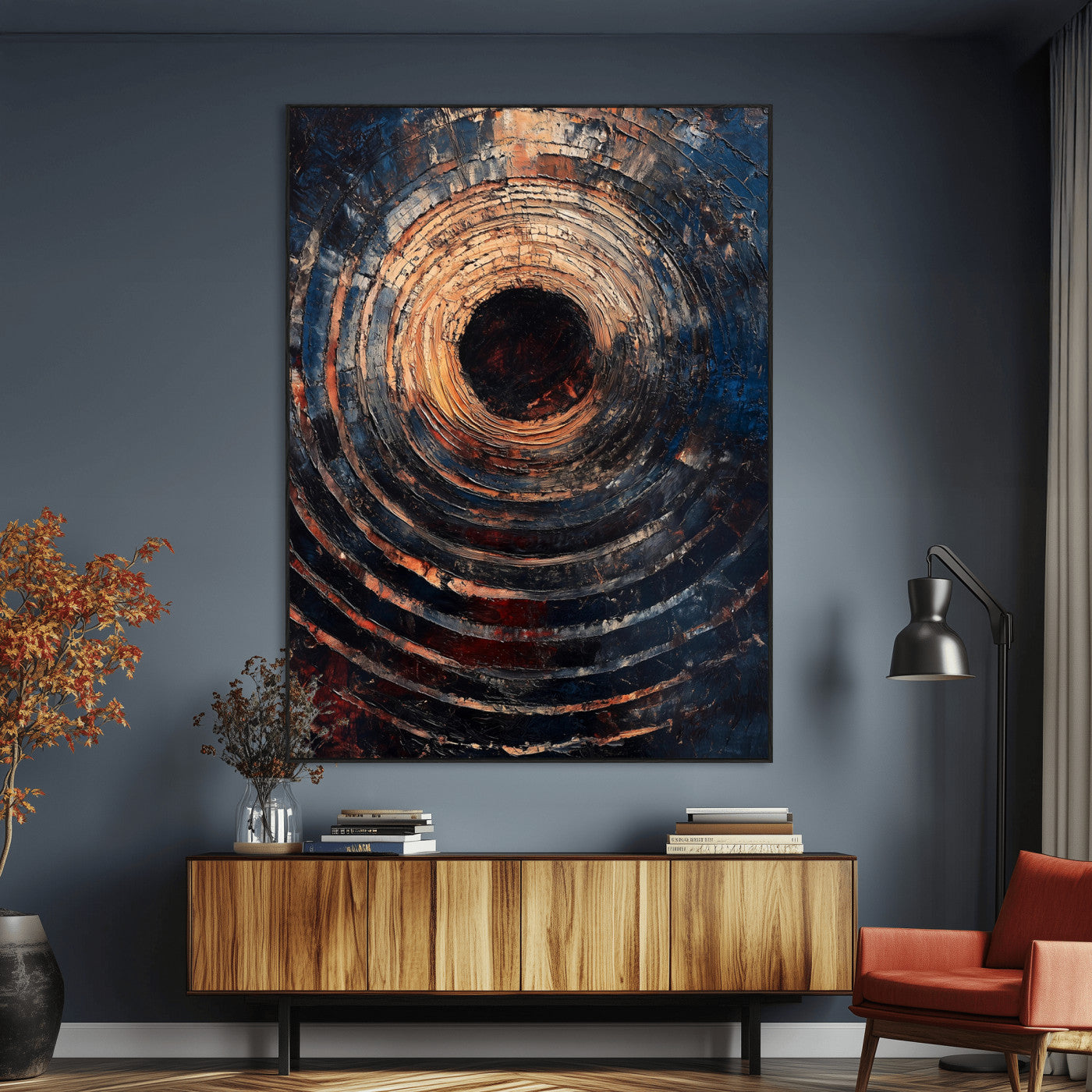 SEG-FC-51X34_Oversize - Textured Spiral Wall Art Canvas Print, Framed Abstract Void Art Picture Print, Wooden Vortex Perfect Modern Industrial Decor Artwork