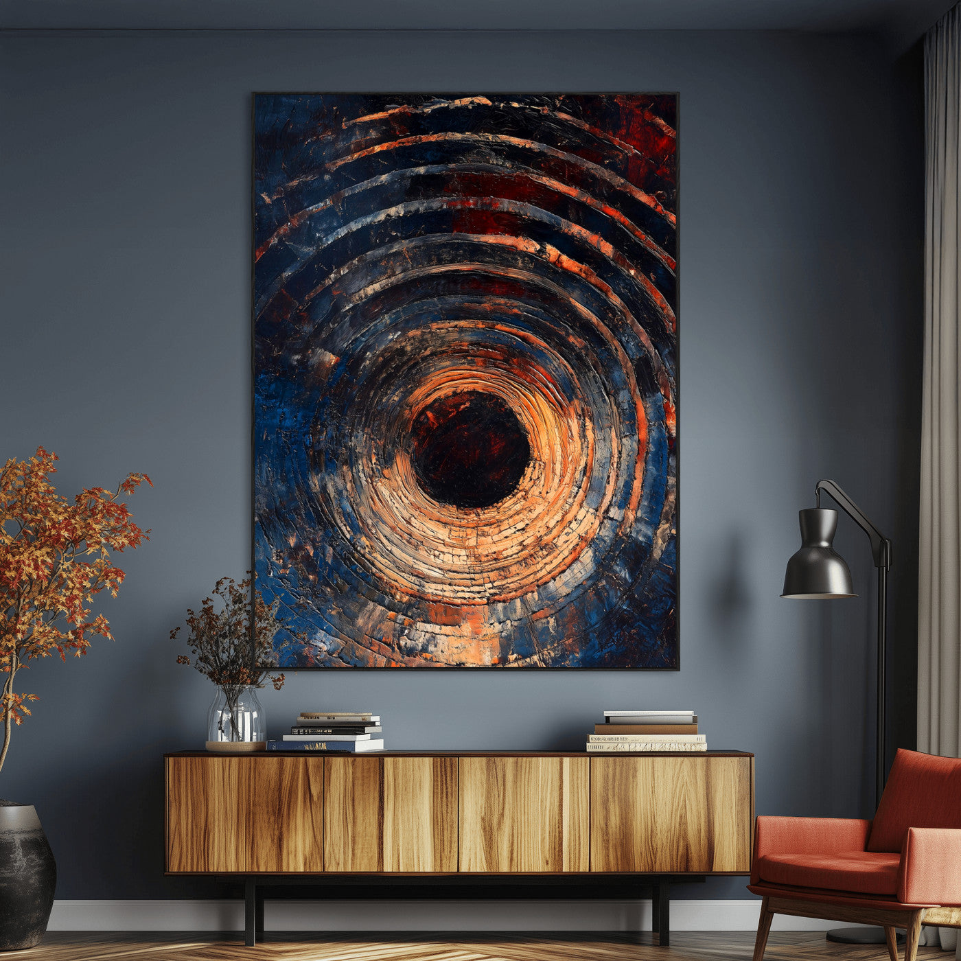 SEG-FC-51X34_Oversize - Textured Spiral Wall Art Canvas Print, Framed Abstract Void Art Picture Print, Wooden Vortex Perfect Modern Industrial Decor Artwork