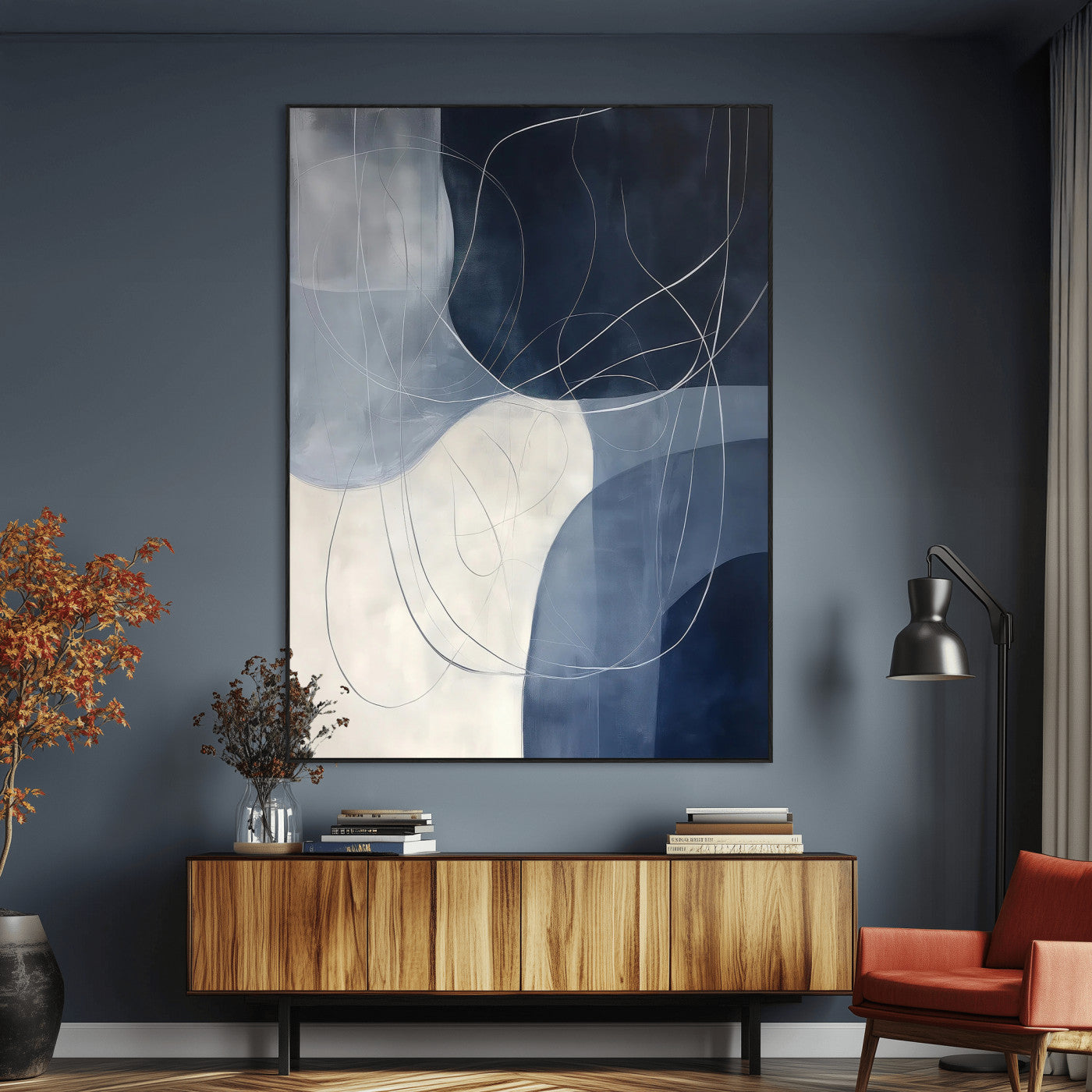 SEG-FC-51X34_Oversize - Navy Abstract Wall Art Canvas Print, Framed Minimal Lineart Art Picture Print, Abstract Shapes Perfect Minimalist Abstract Decor Artwork