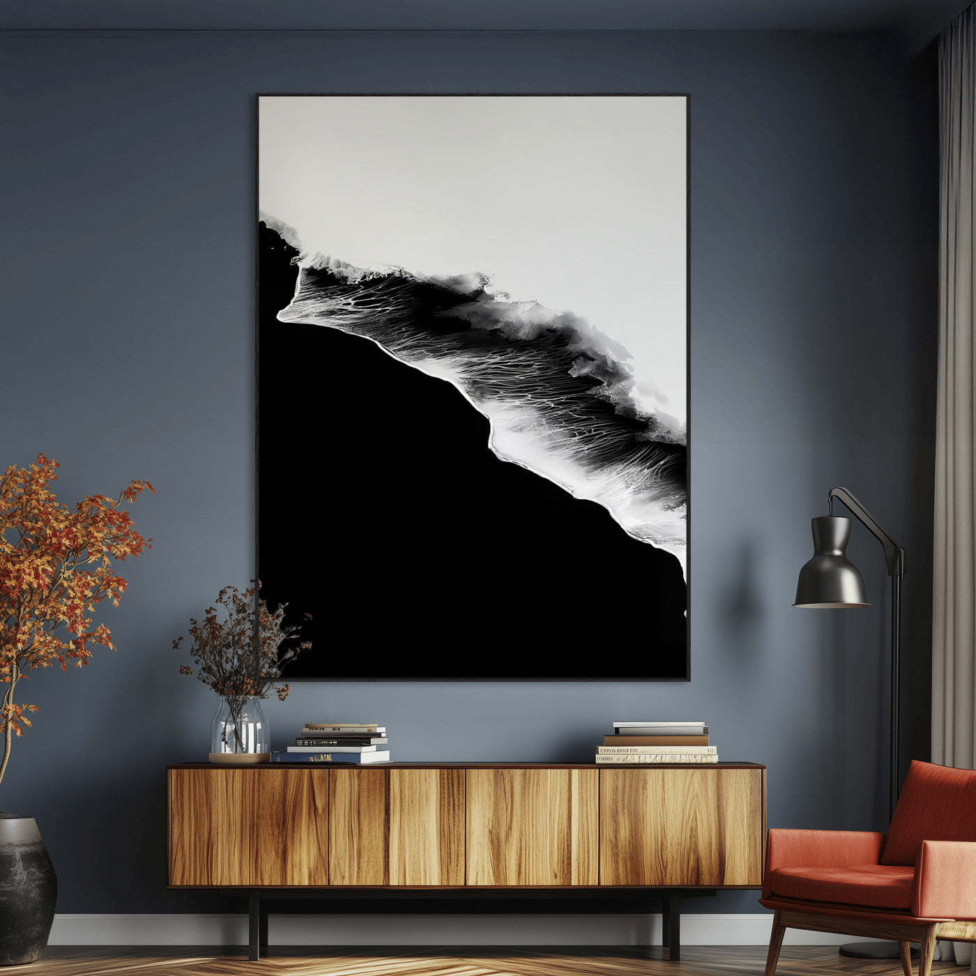 SEG-FC-51X34_Oversize - Ocean Wave Wall Art Canvas Print, Framed Abstract Wave Art Picture Print, Monochrome Sea Perfect Modern Minimal Decor Artwork