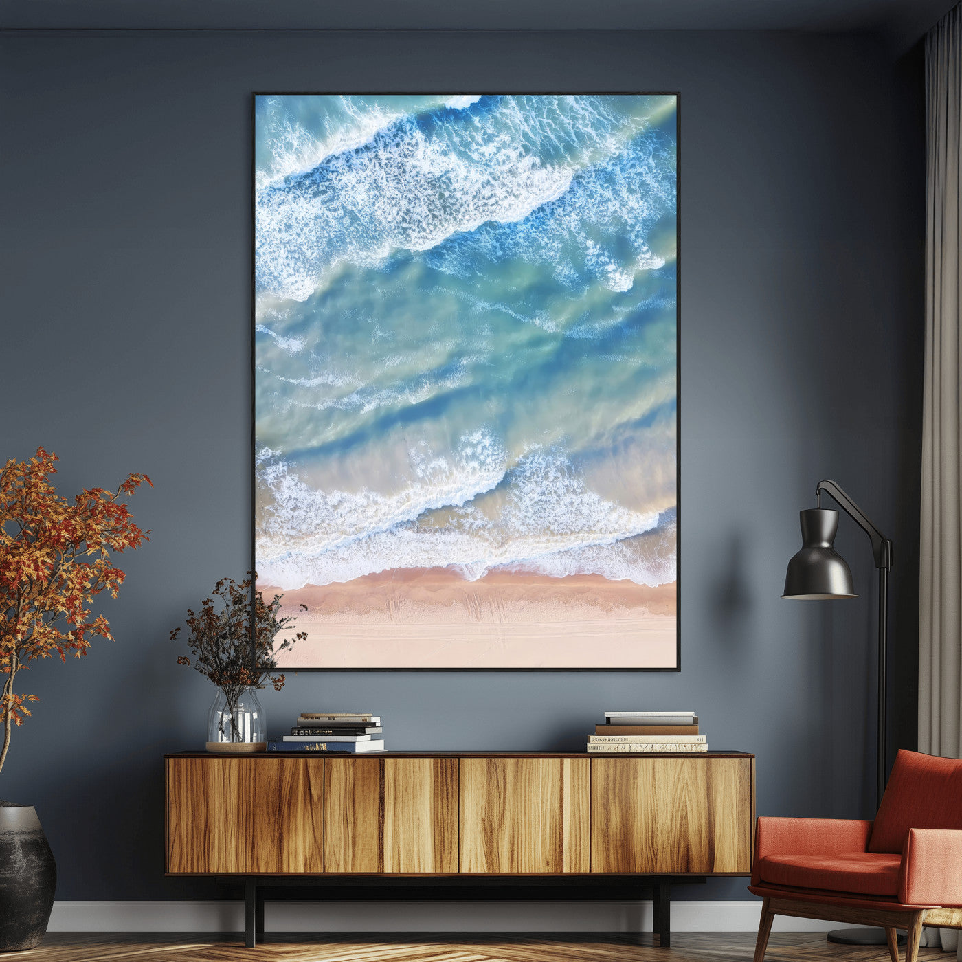 SEG-FC-51X34_Oversize - Aerial Ocean View Wall Art Canvas Print, Framed Soft Blue Waves Art Picture Print, Sandy Shoreline Perfect Modern Coastal Decor Artwork