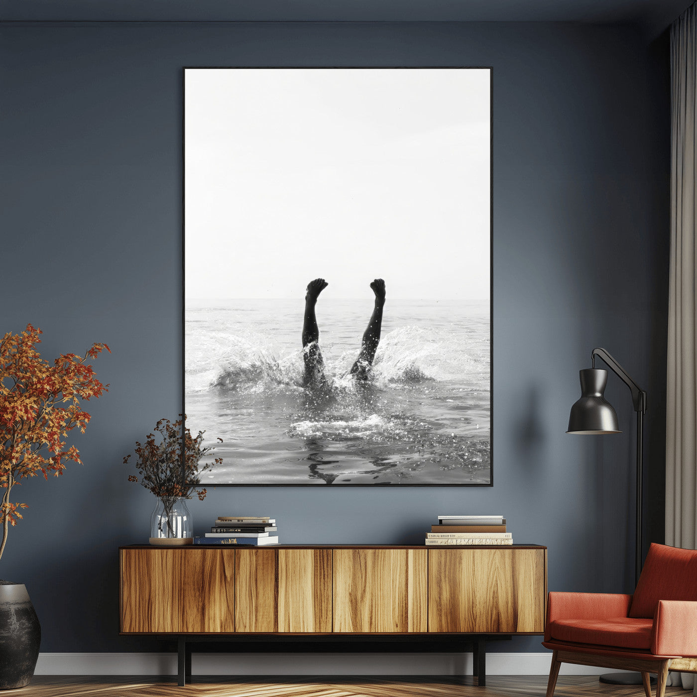 SEG-FC-51X34_Oversize - Minimal Ocean Wall Art Canvas Print, Framed Monochrome Diving Art Picture Print, Swimmer in Sea Perfect Minimalist Coastal Decor Artwork