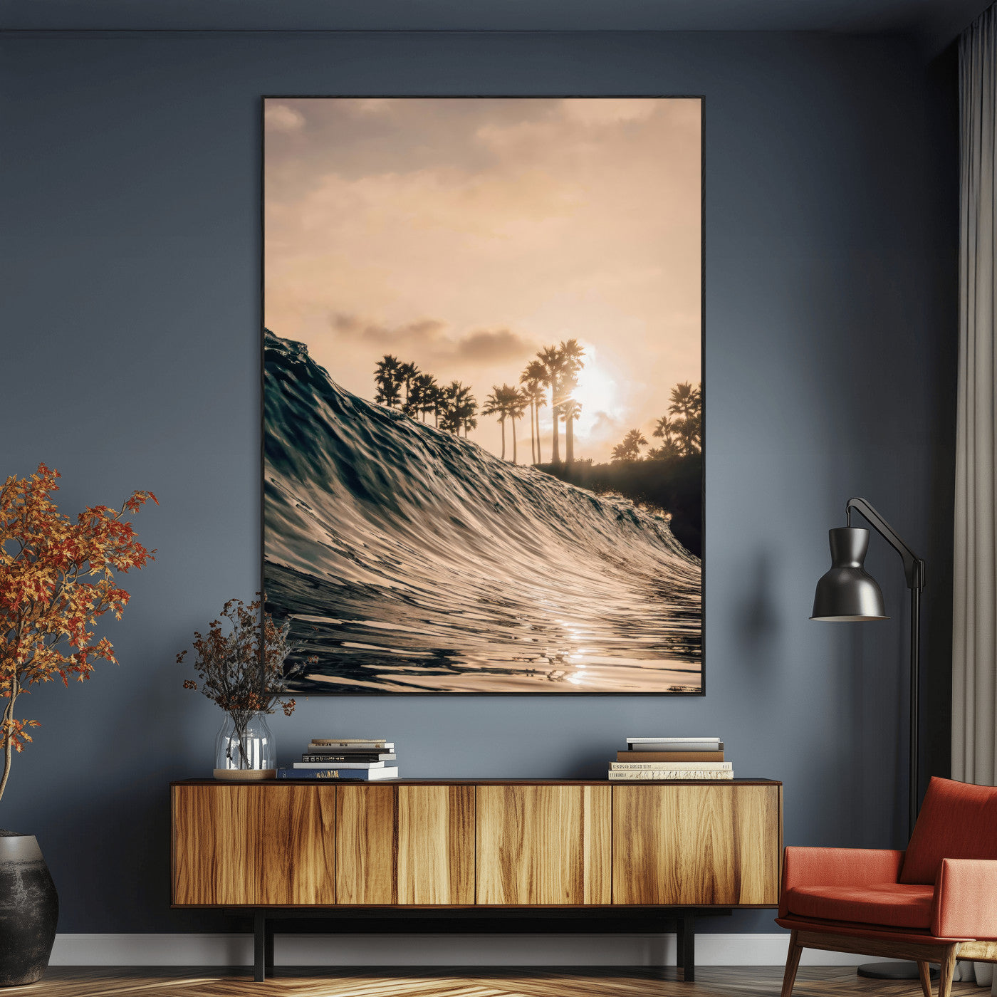 SEG-FC-51X34_Oversize - Golden Hour Ocean Wave Wall Art Canvas Print, Framed Tropical Beach Sunset Art Picture Print, Palm Tree Silhouettes Perfect Tropical Coastal Decor Artwork