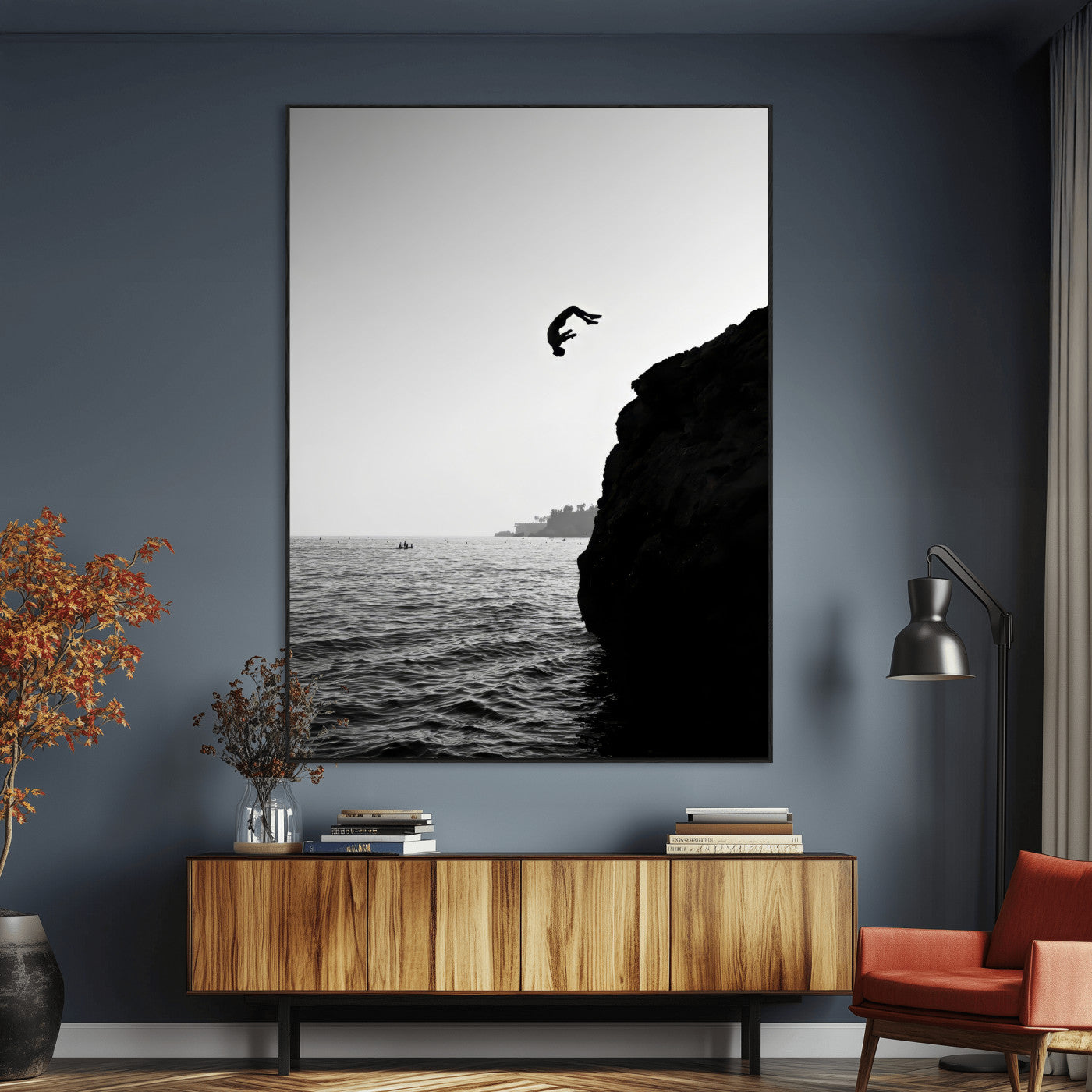 SEG-FC-51X34_Oversize - Cliff Jumping Silhouette Wall Art Canvas Print, Framed Black White Ocean Art Picture Print, Monochrome Cliff Dive Perfect Minimalist Adventure Decor Artwork