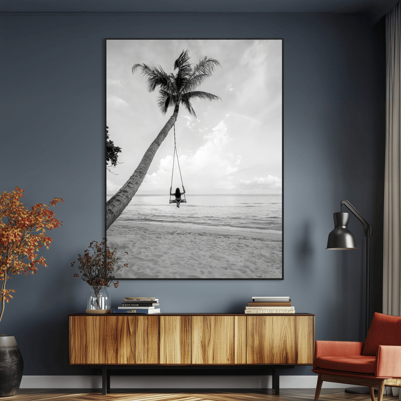 SEG-FC-51X34_Oversize - Black White Palm Tree Wall Art Canvas Print, Framed Minimalist Beach Swing Art Picture Print, Monochrome Coastal Perfect Minimalist Coastal Decor Artwork