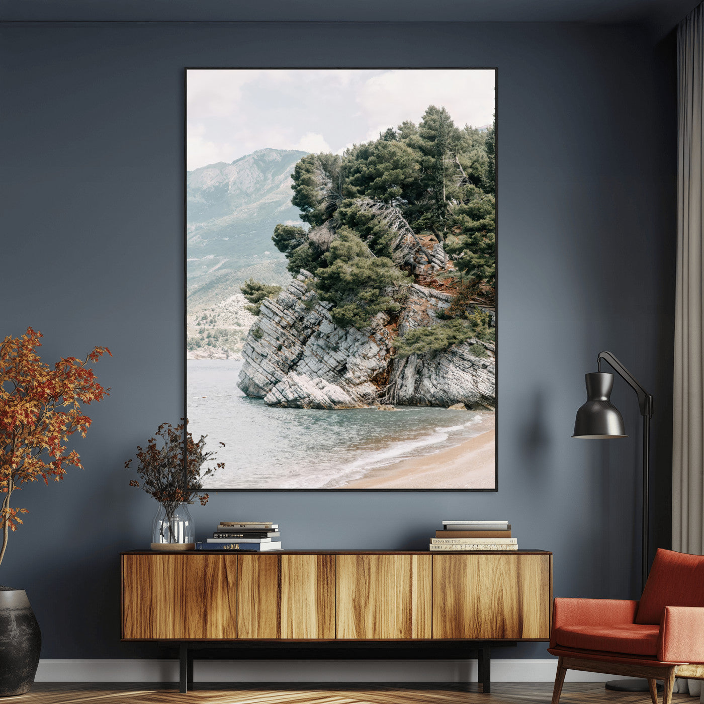 SEG-FC-51X34_Oversize - Beach Trees Wall Art Canvas Print, Framed Earthy Beachside Art Picture Print, Beachside Nature Perfect Rustic Coastal Decor Artwork