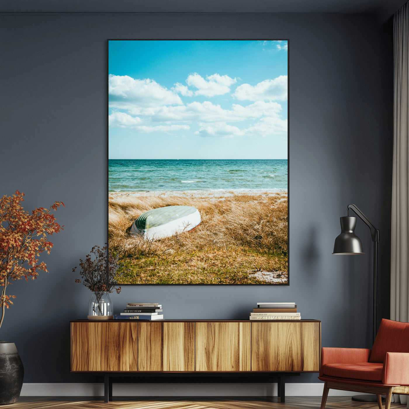 SEG-FC-51X34_Oversize - Coastal Serenity Wall Art Canvas Print, Framed Ocean View Art Picture Print, Rustic Boat Perfect Nautical Coastal Decor Artwork
