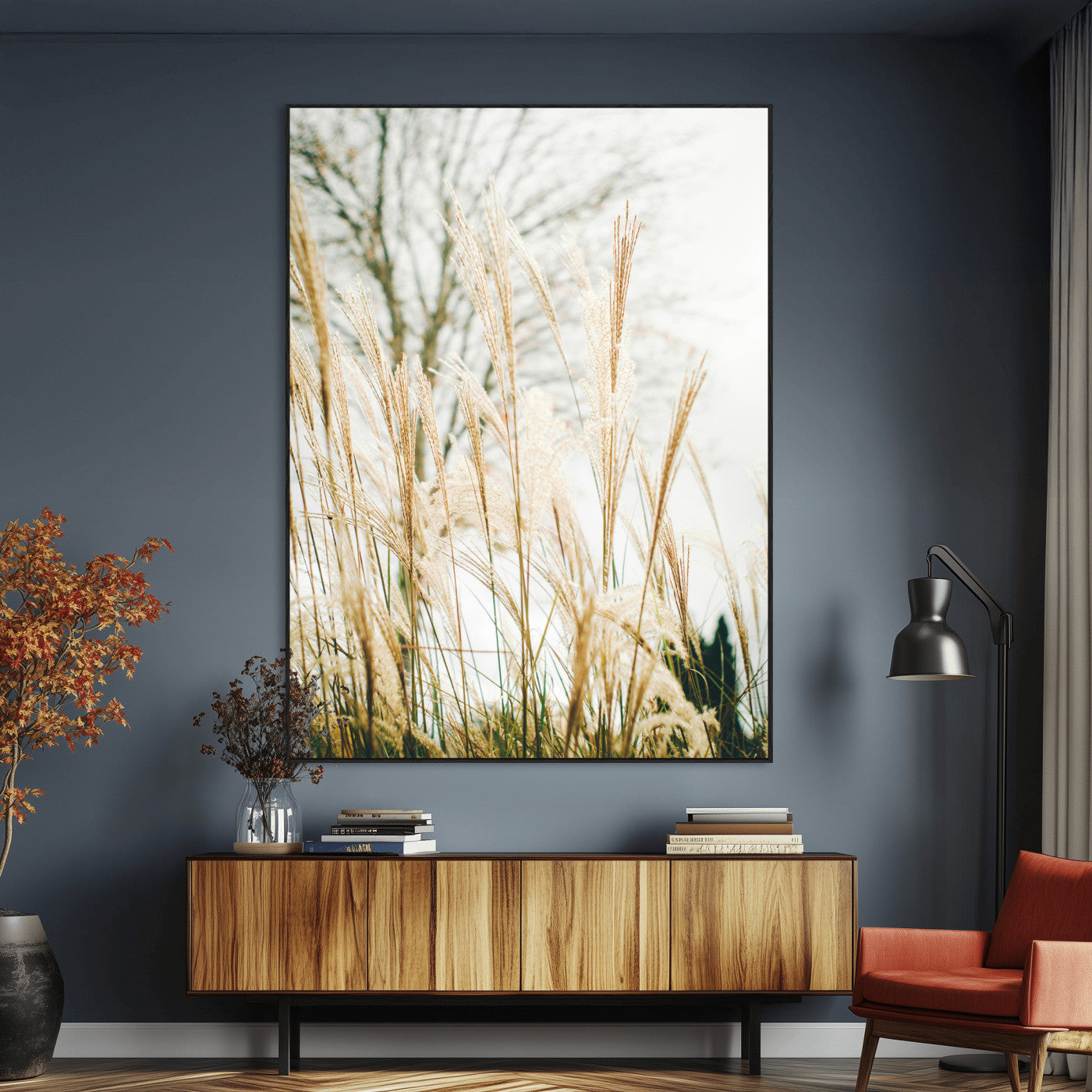 SEG-FC-51X34_Oversize - Pampas Grass Wall Art Canvas Print, Framed Neutral Tones Art Picture Print, Minimalist Nature Perfect Boho Minimalist Decor Artwork